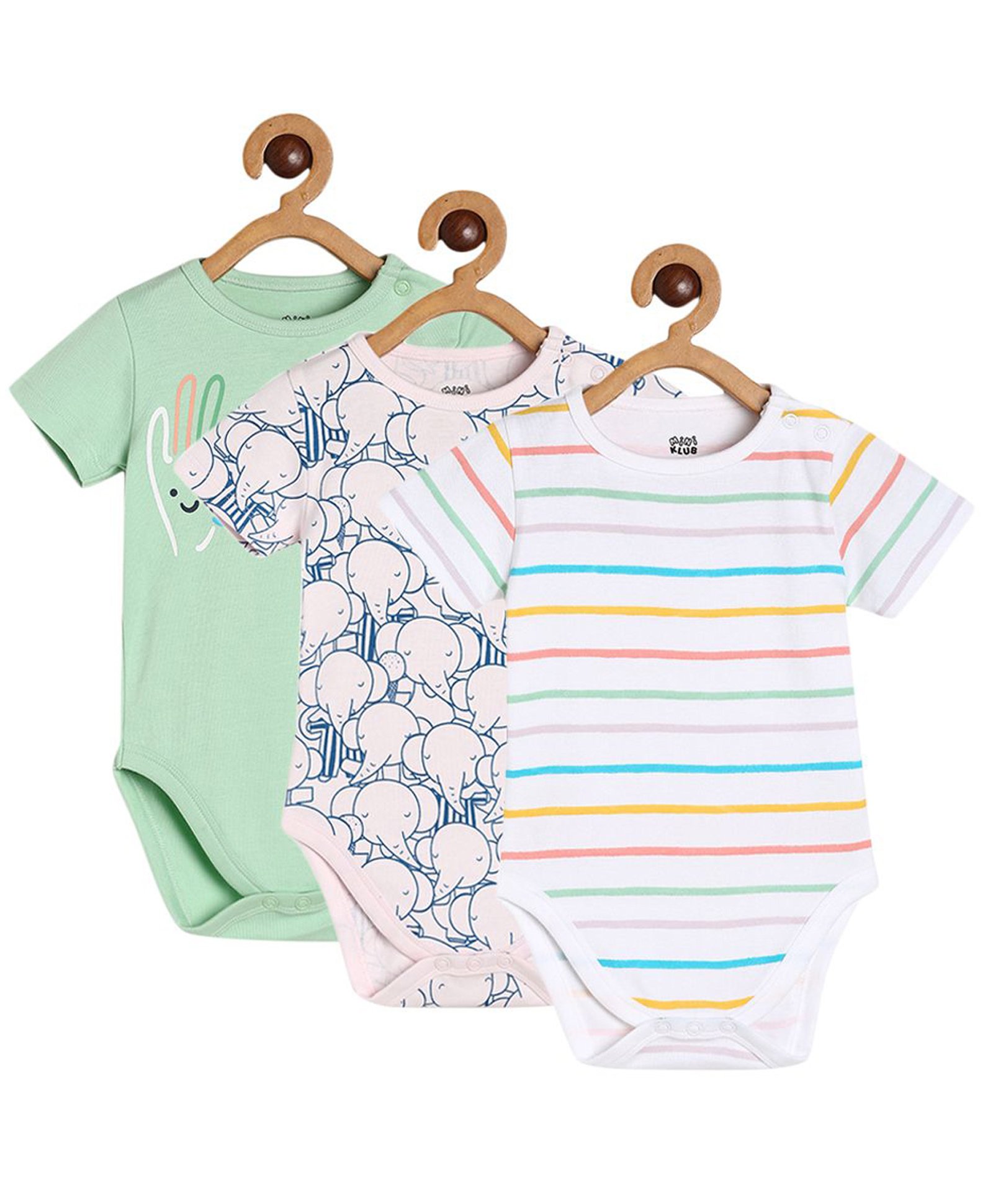 MINI KLUB Cotton Pack Of 3 Half Sleeves Elephants Printed & Striped Onesies - Pink Green & White-picture-24