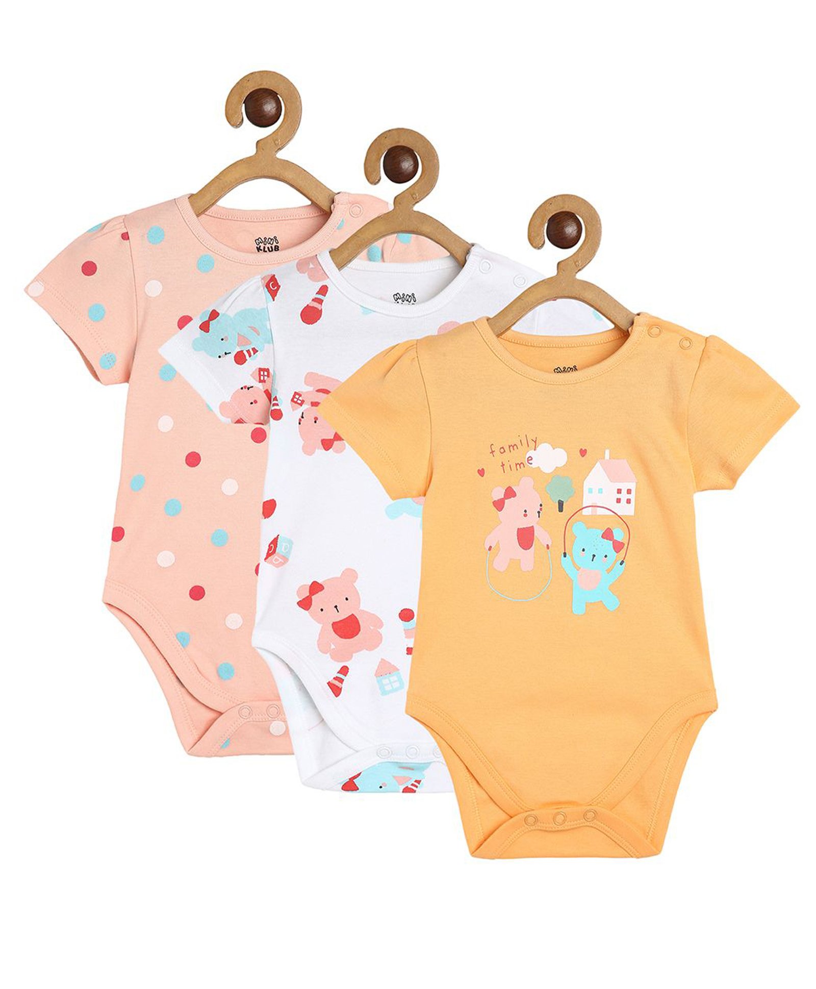 MINI KLUB Cotton Pack Of 3 Half Sleeves Animal & Polka Dots Printed Onesies - Pink White & Orange-picture-17