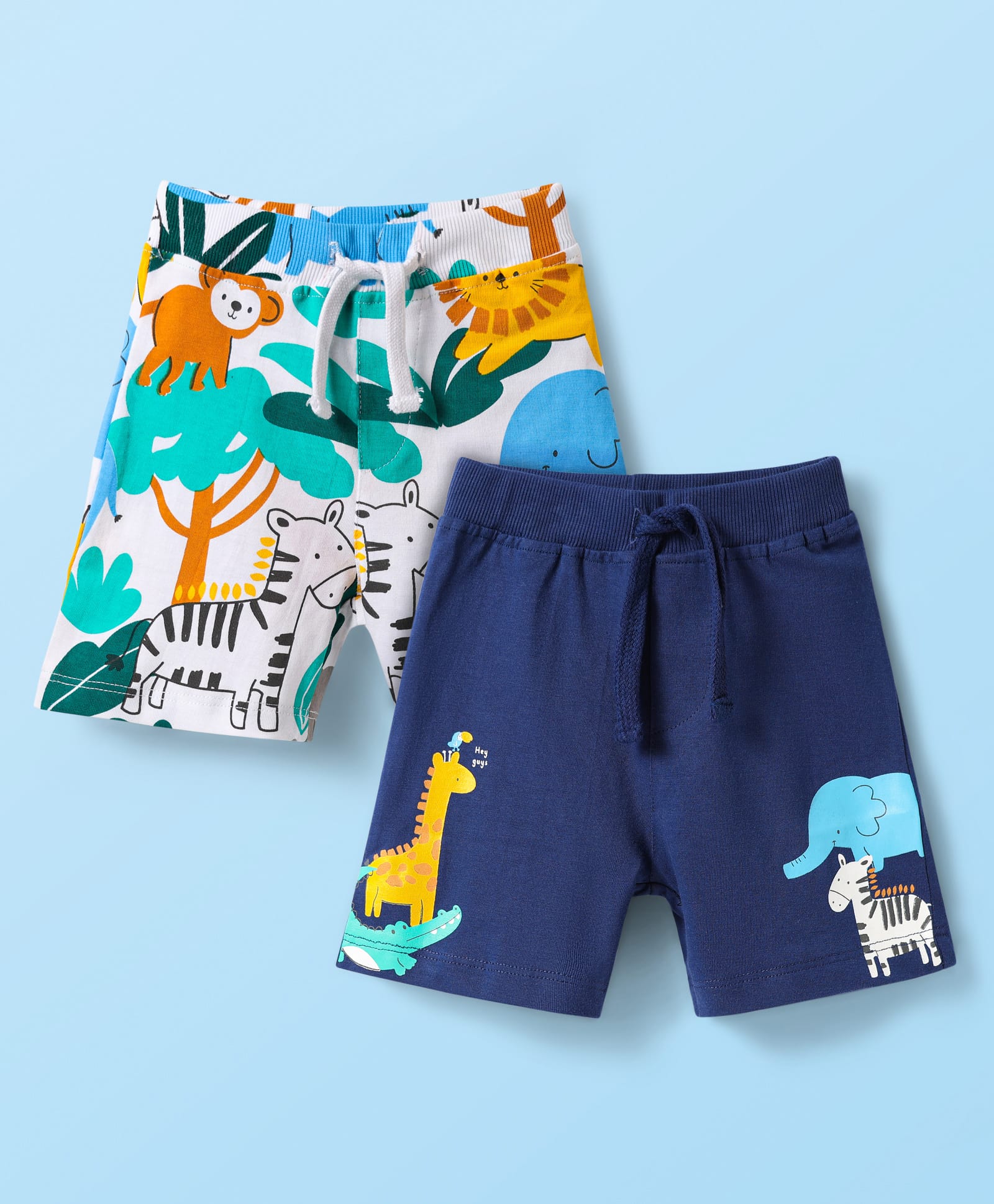 Babyhug Cotton Knit Mid Thigh Shorts with Animal Print Pack of 2 - Navy Blue & White