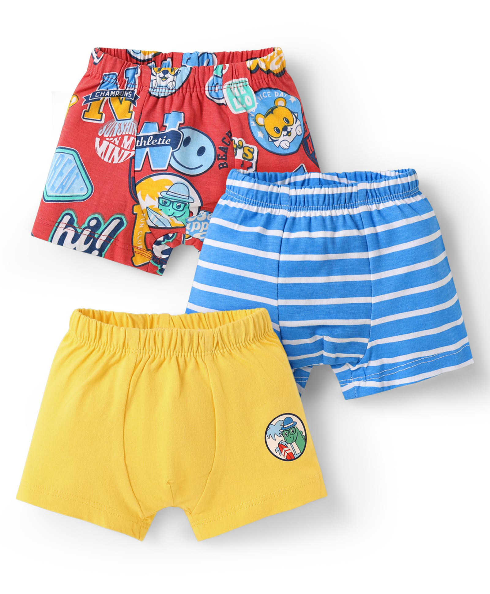 Babyhug 100% Cotton Single Jersey Knit Trunks With Stripes & Animal Print Pack Of 3 - Red Light Blue & Yellow-image-22