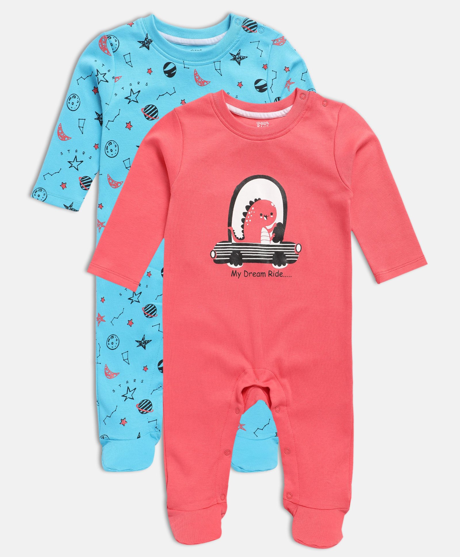MINI KLUB Cotton Pack Of 2 Full Sleeves Space Theme & Dinosaur Printed Sleepsuits - Blue & Red-picture-12