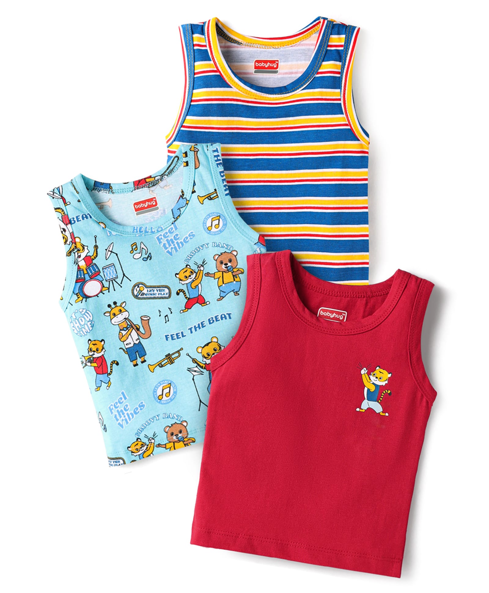 Babyhug 100% Cotton single Jersey Knit Sleeveless Sandos With Striped & Animal Print Pack Of 3 - Red Blue & Light Blue-image-45