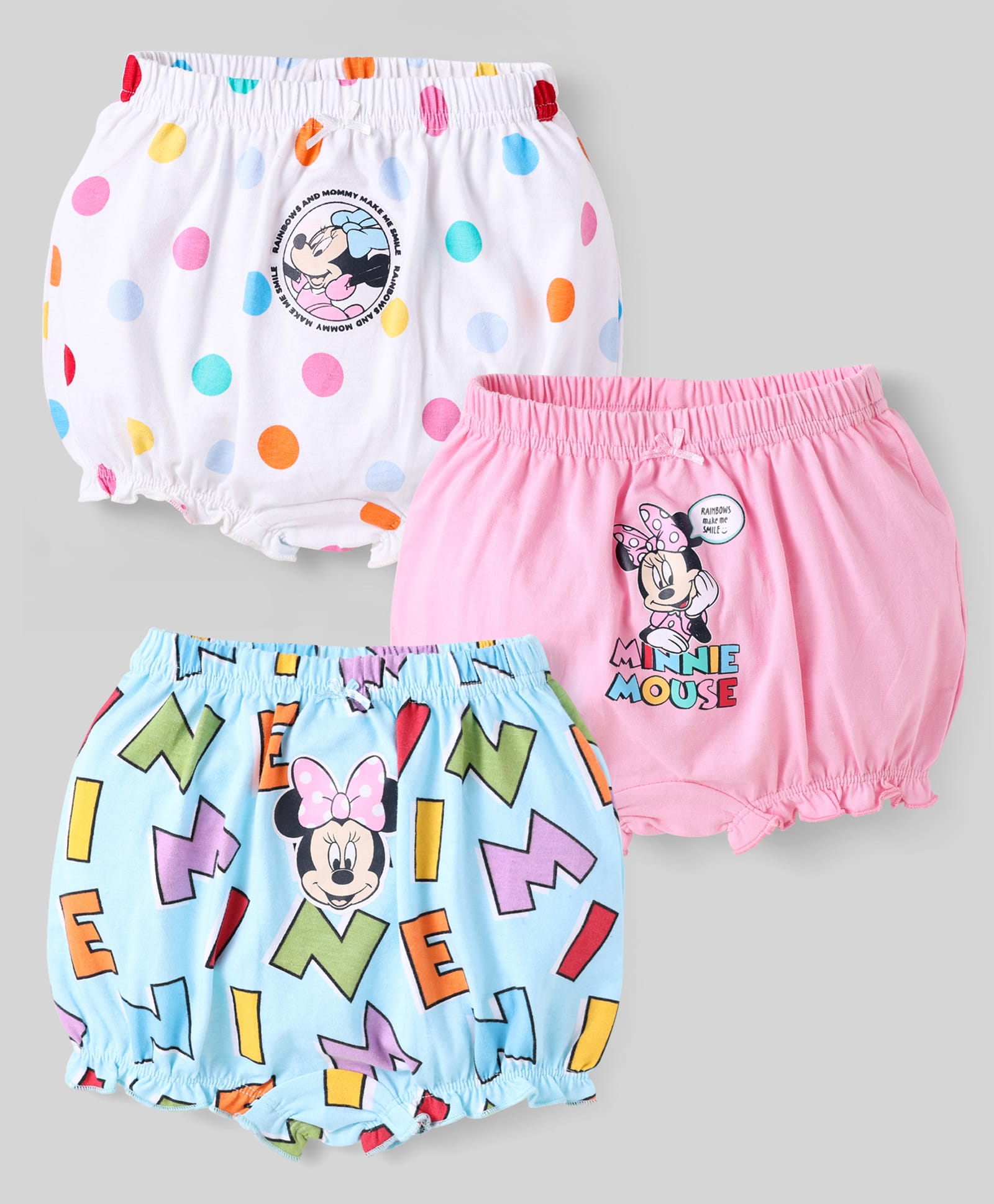 Babyhug Disney Cotton Knit Bloomers With Minnie Mouse Graphics - Pink Light Blue & White-image-48