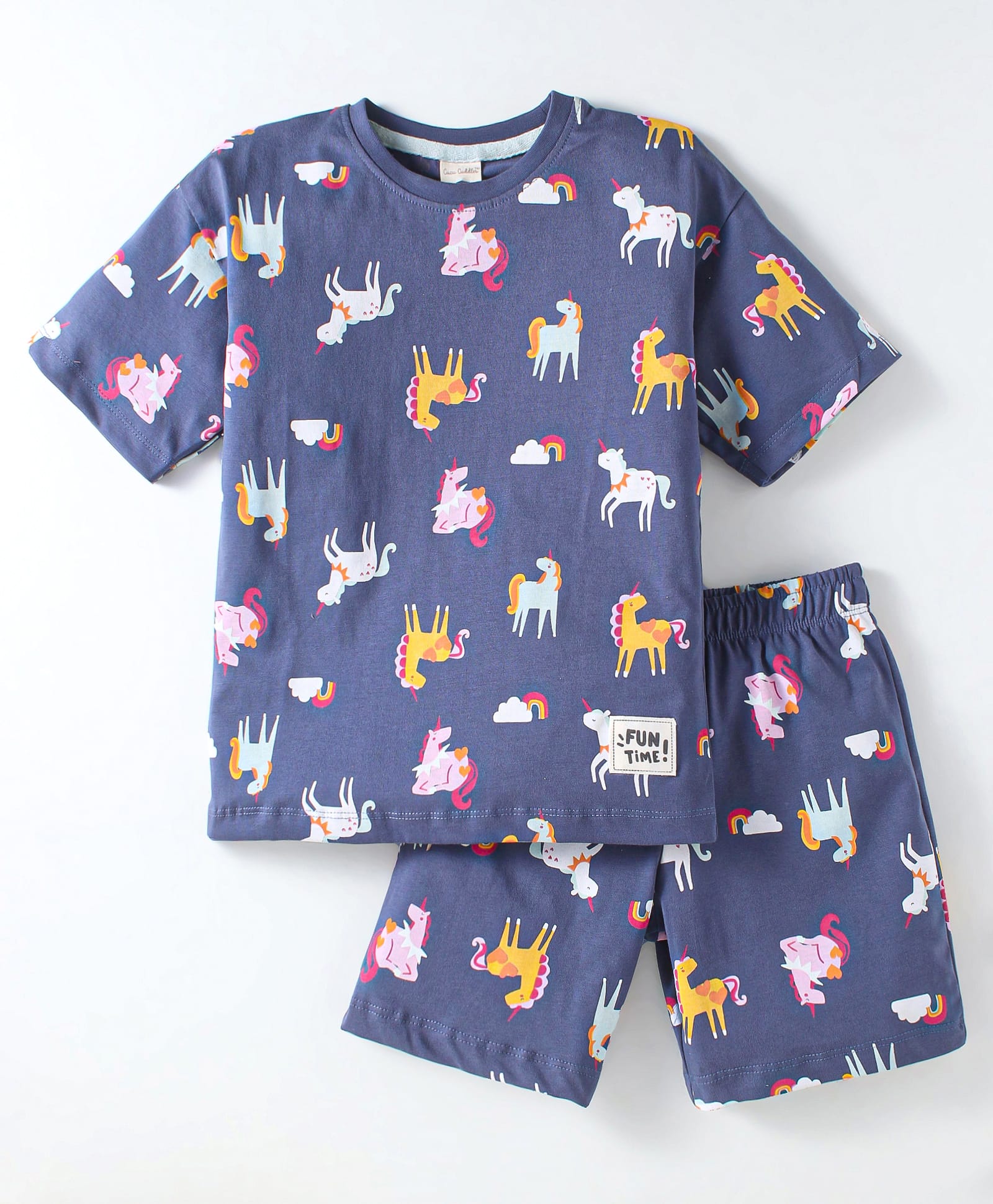 CUCUMBER Sinker Knit Half Sleeves Shorts Night Suit With Unicorn Print - Navy Blue-image-31