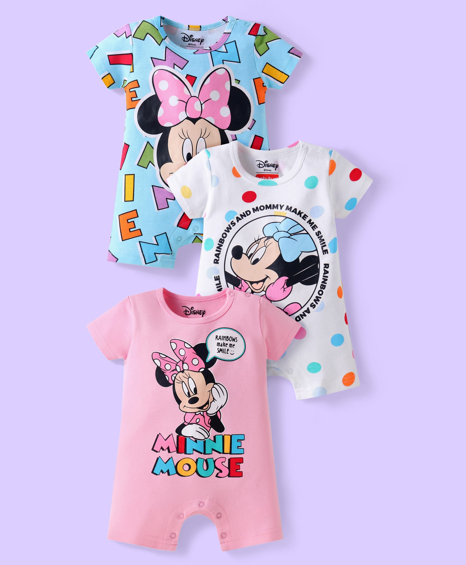 Babyhug Disney Interlock Knit Half Sleeves Rompers with Minnie Mouse Graphics Pack of 3 - Pink Light Blue & White-picture-18