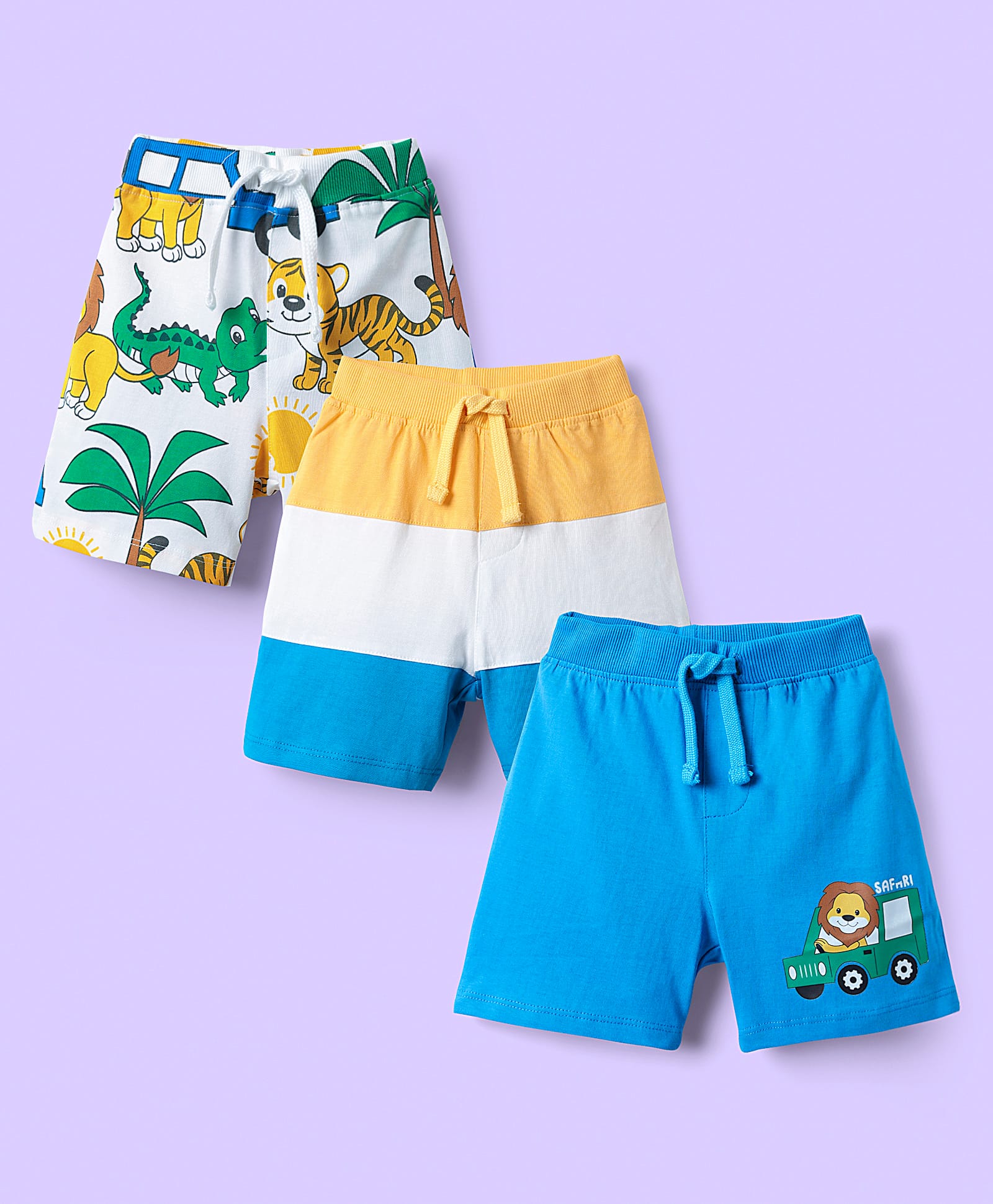 Babyhug Cotton Single Jersey Knit Mid Thigh Shorts With Stripes & Animal Print Pack Of 3 - Light Blue Yellow & White-picture-36