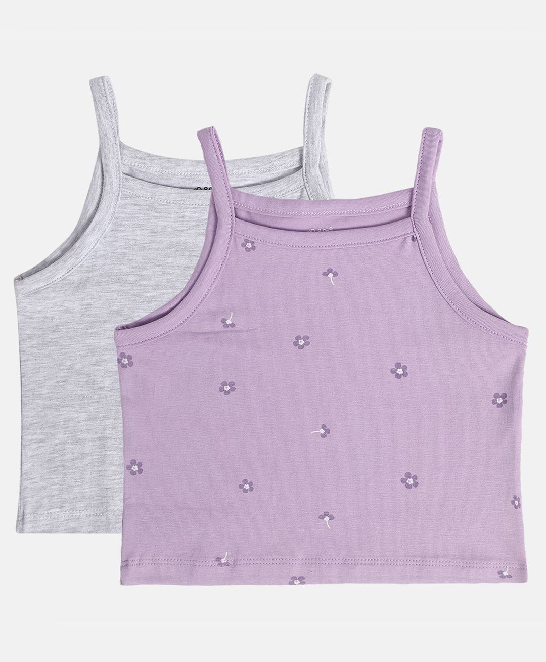 MINI KLUB Cotton Pack Of 2 Sleeveless Solid & Floral Printed Camisoles - Grey & Purple-image-36