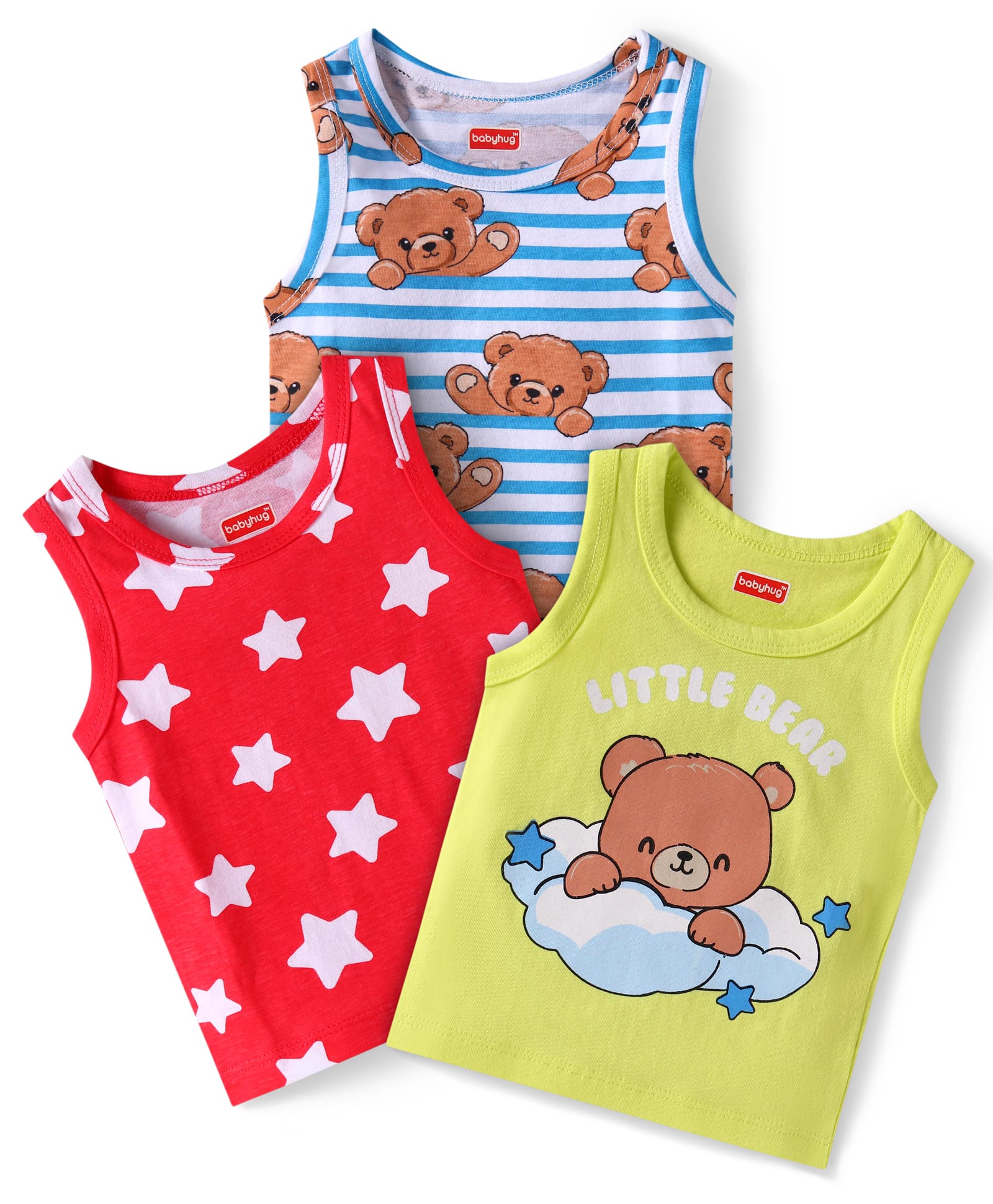 Babyhug 100% Cotton Knit Sleeveless Sandos with Bear & Stars Print Pack of 3 - Red Light Green & Blue-picture-21