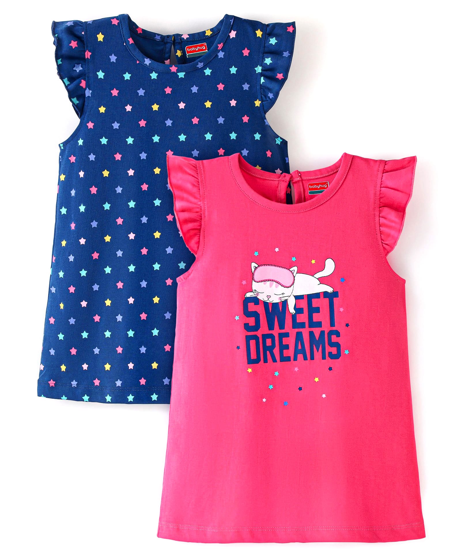 Babyhug Cotton Knit Half Sleeves Nighty Star & Kitty Print Pack of 2 - Pink & Blue-image-28