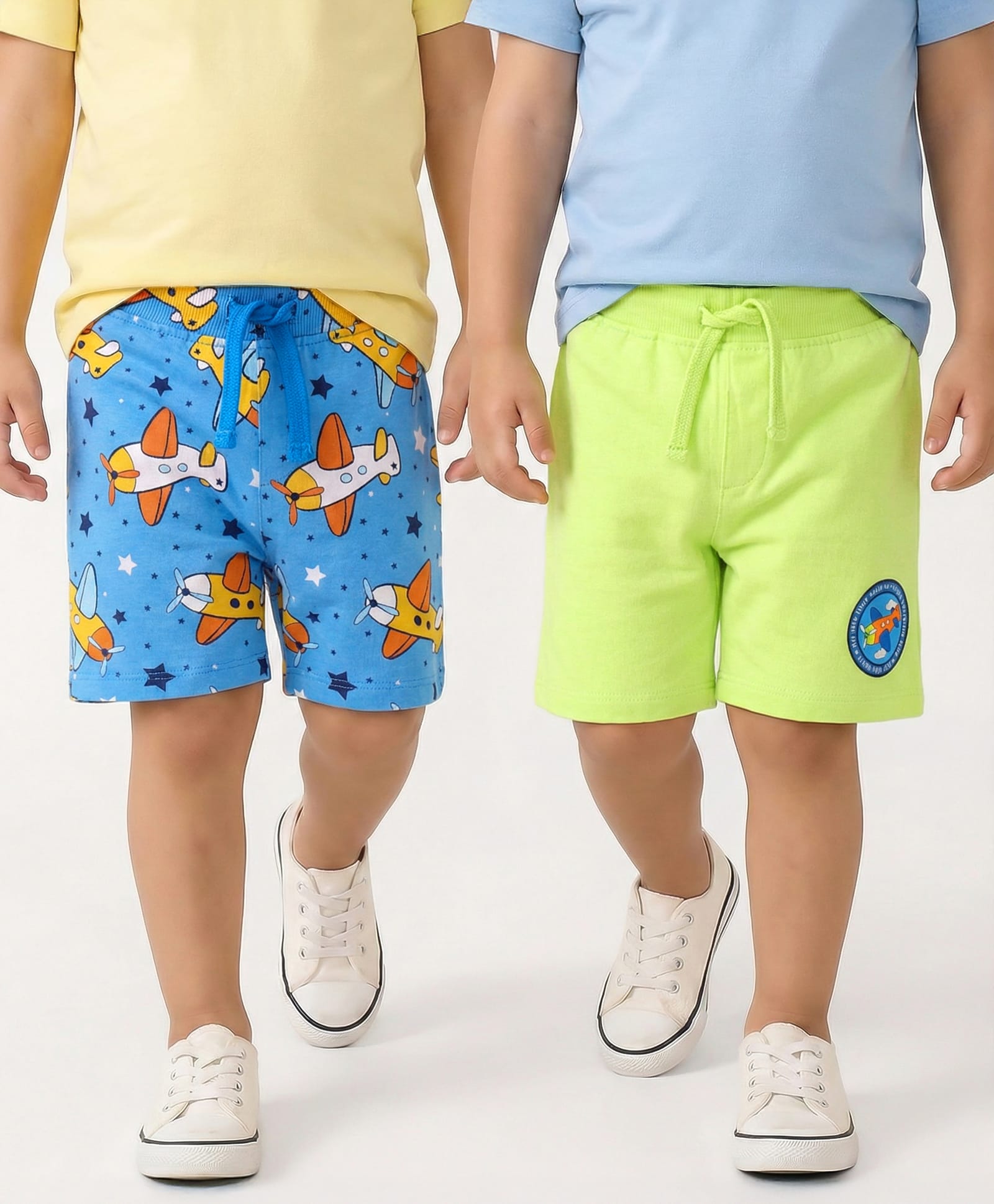 Babyhug Cotton Knit Mid Thigh Lenght Shorts with Airplane Print Pack of 2 - Blue & Neon Green-picture-13
