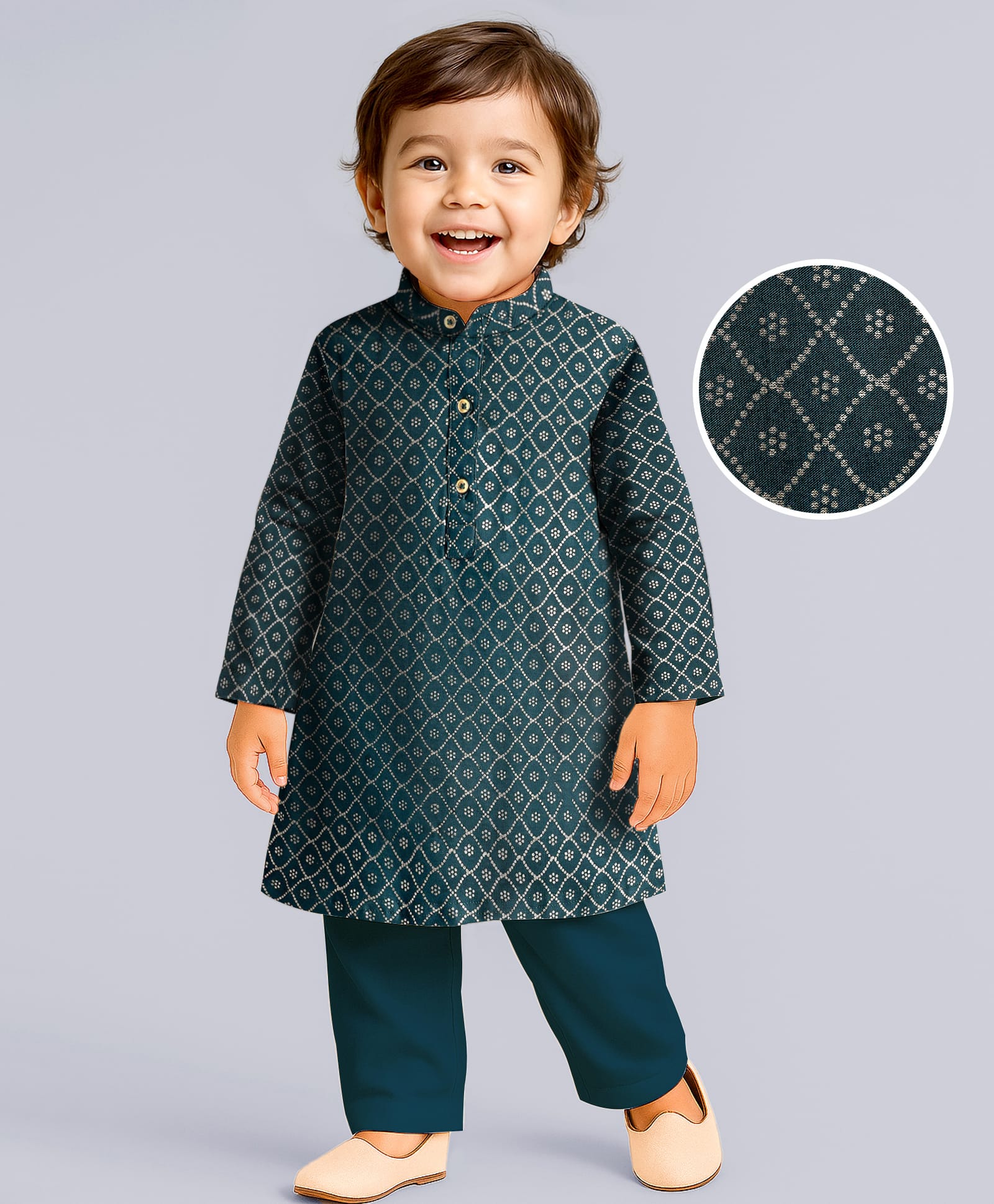 EARTHY TOUCH Single Jersey Knit Full Sleeves Kurta Pyjama Set with Floral Foil Print - Green-picture-13