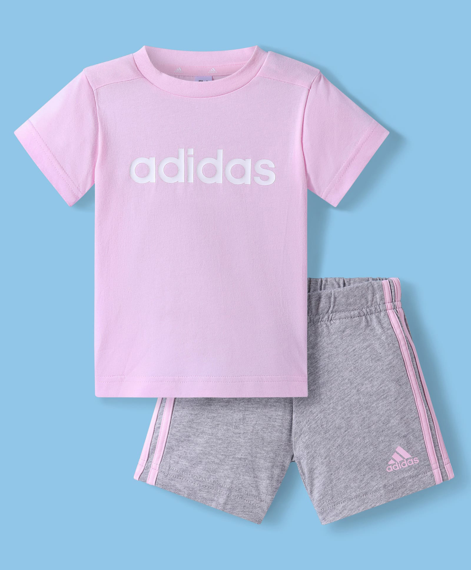 ADIDAS KIDS 100% Cotton Knit Half Sleeves T-Shirt & Shorts Set Logo & Text Print - Pink-image-36