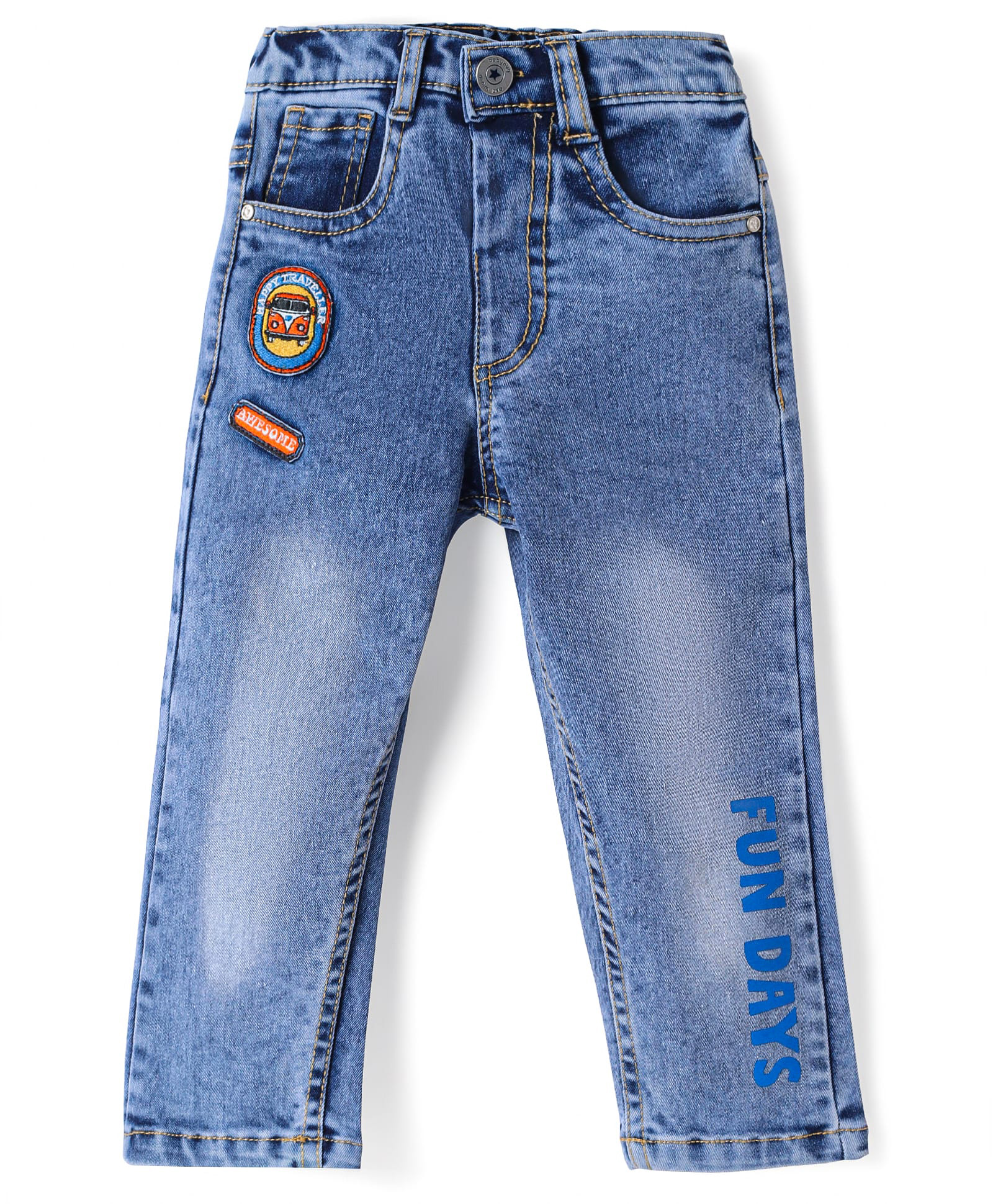 Babyhug Denim Full Length Jeans With Stretch Vehicle Embroidery Patch -Blue-image-15