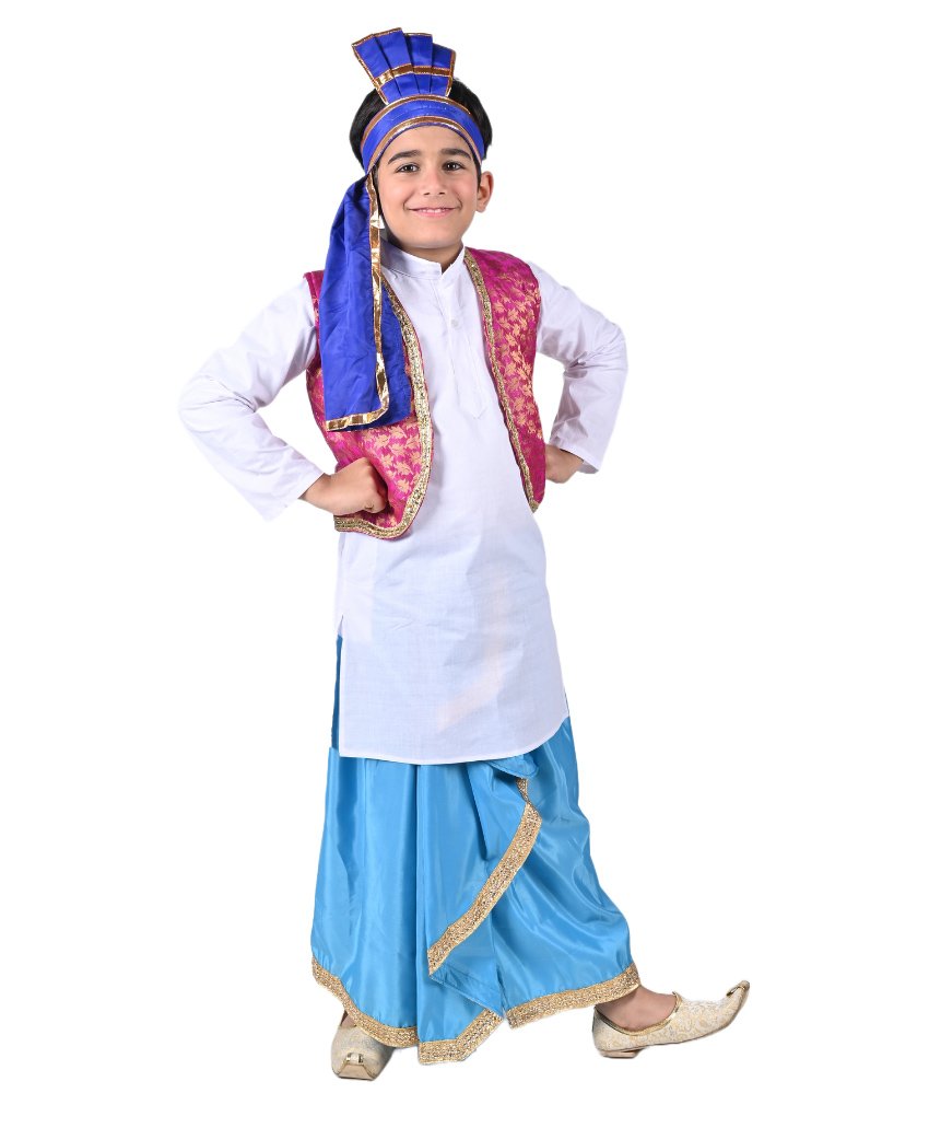 Itsmycostume Cotton Blend Full Sleeves Lace Embellished & Ethnic Foil Printed Punjabi Folk Dance Costume Set - White & Blue