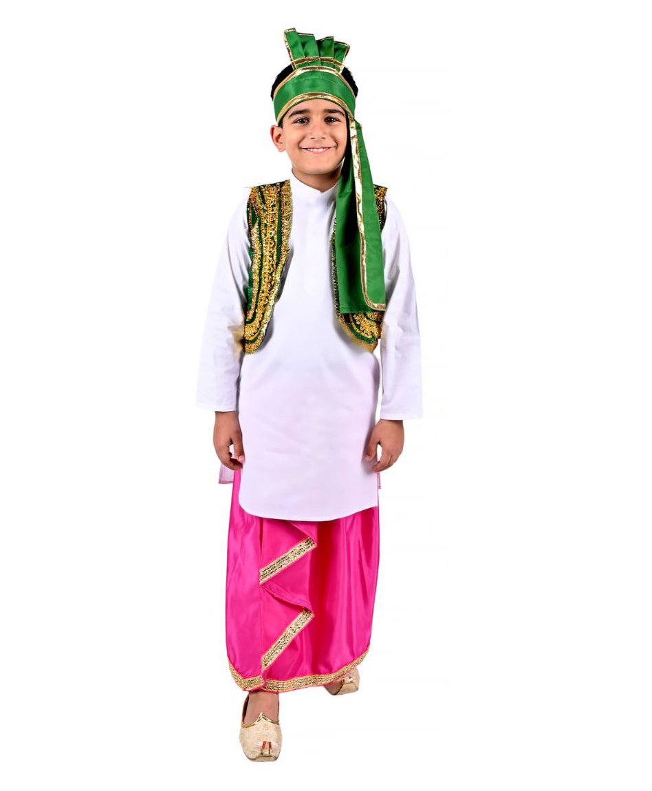Itsmycostume Cotton Blend Full Sleeves Lace Embellished Punjabi Folk Dance Costume Set - Pink & Green-image-34