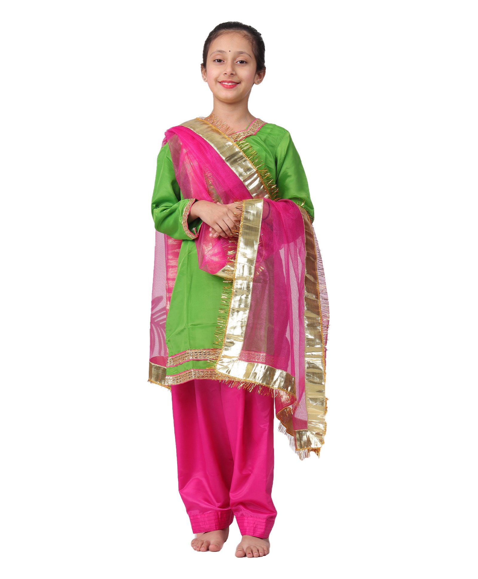 Itsmycostume Cotton Blend Full Sleeves Lace Embellished Punjabi Theme Costume Set - Green & Magenta-image-16