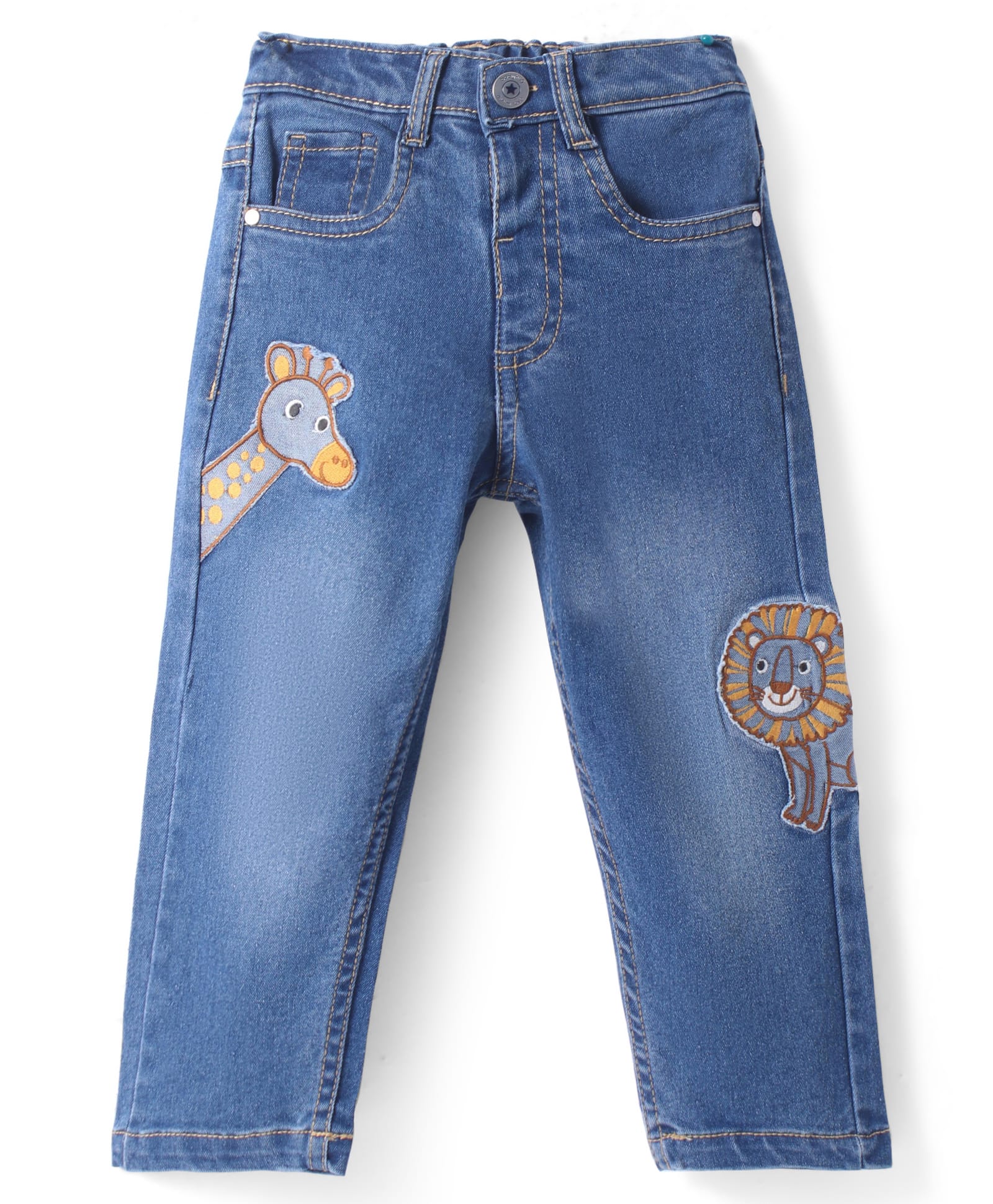 Babyhug Denim Full Length Washed Jeans With Stretch & Animal Patch -Blue-picture-26