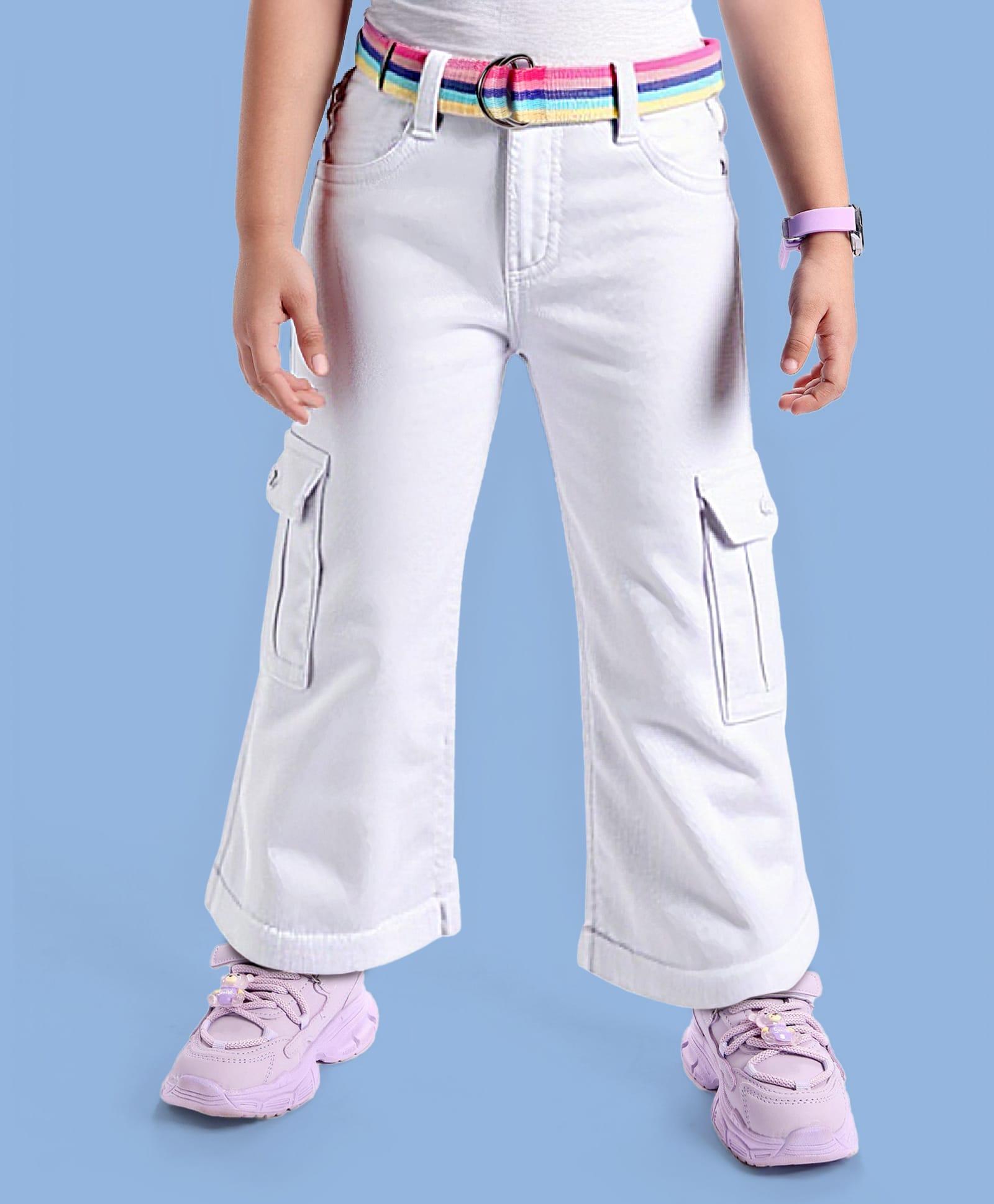 Babyhug Twill Woven Full Length Solid Color Flared Pants with Belt - White-picture-21