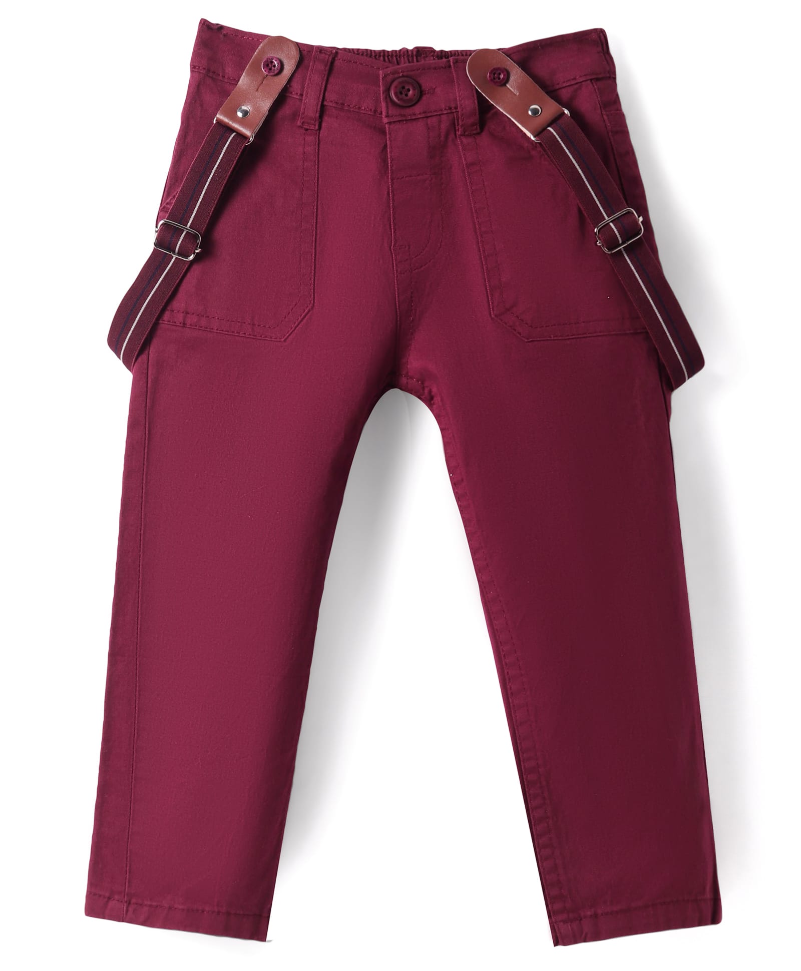Babyhug Twill Woven Full Length Solid Trouser with Stretch & Suspender - Maroon-image-26