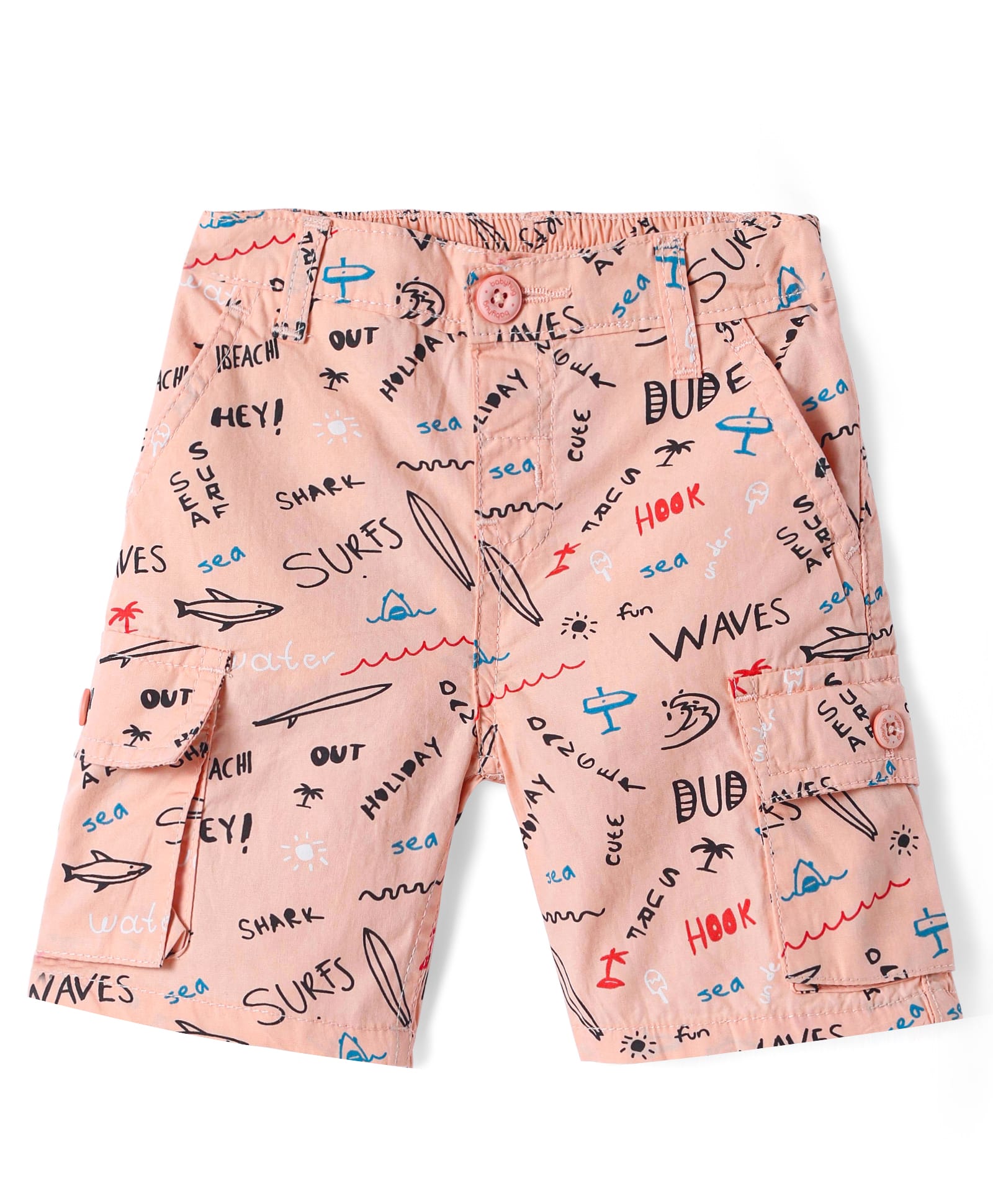 Babyhug Poplin Woven Above Knee Length Bermuda with Beach Print - Peach-image-13