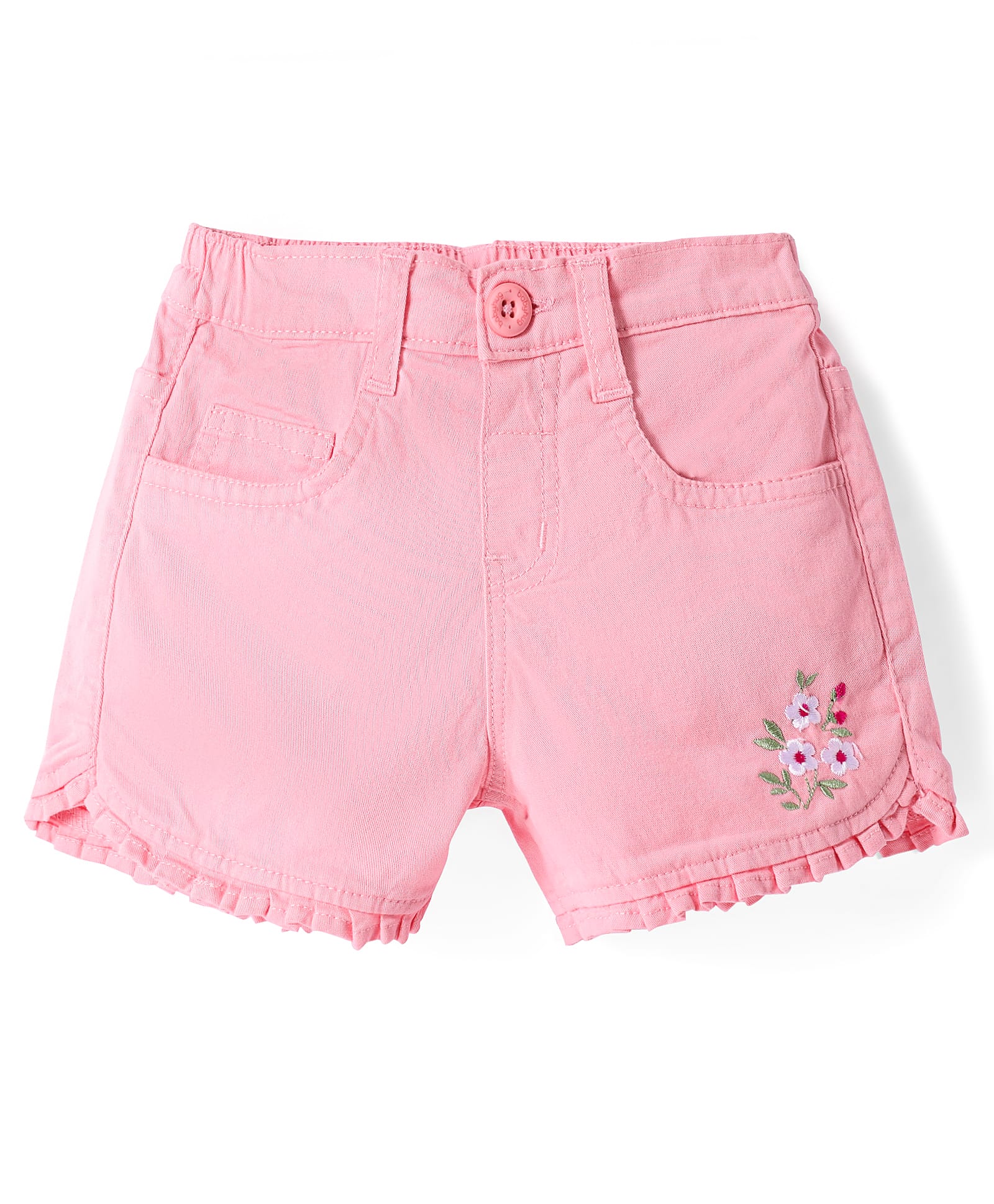 Babyhug Twill Woven Mid Thigh Shorts With Stretch Floral Embroidery & Frill Detailing - Pink-picture-15