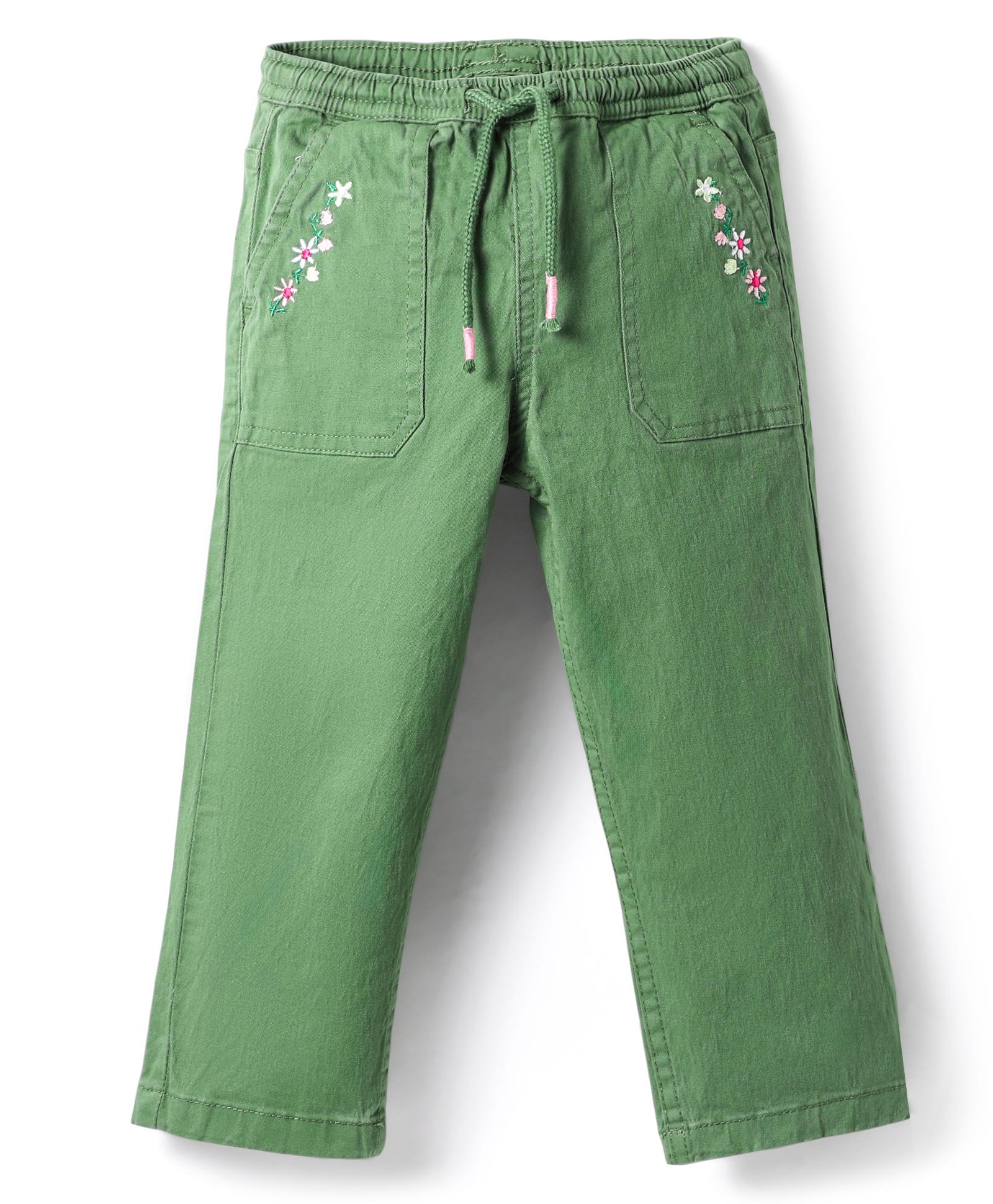 Babyhug Twill Woven Full Length Trouser with Stretch & Floral Embroidery - Green-picture-26