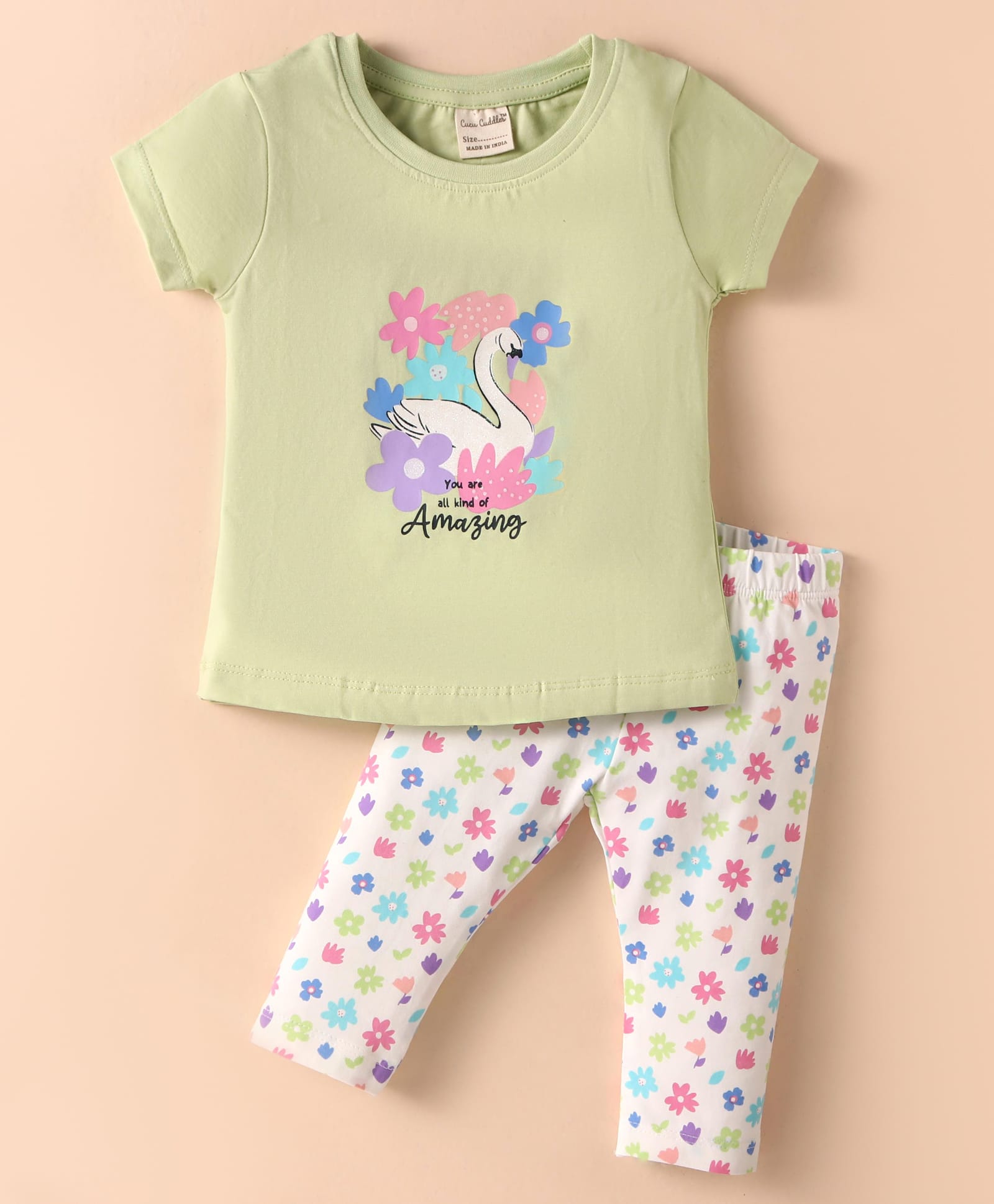 CUCUMBER Cotton Knit Half Sleeves Night Suit with Floral Print - Light Green-image-28