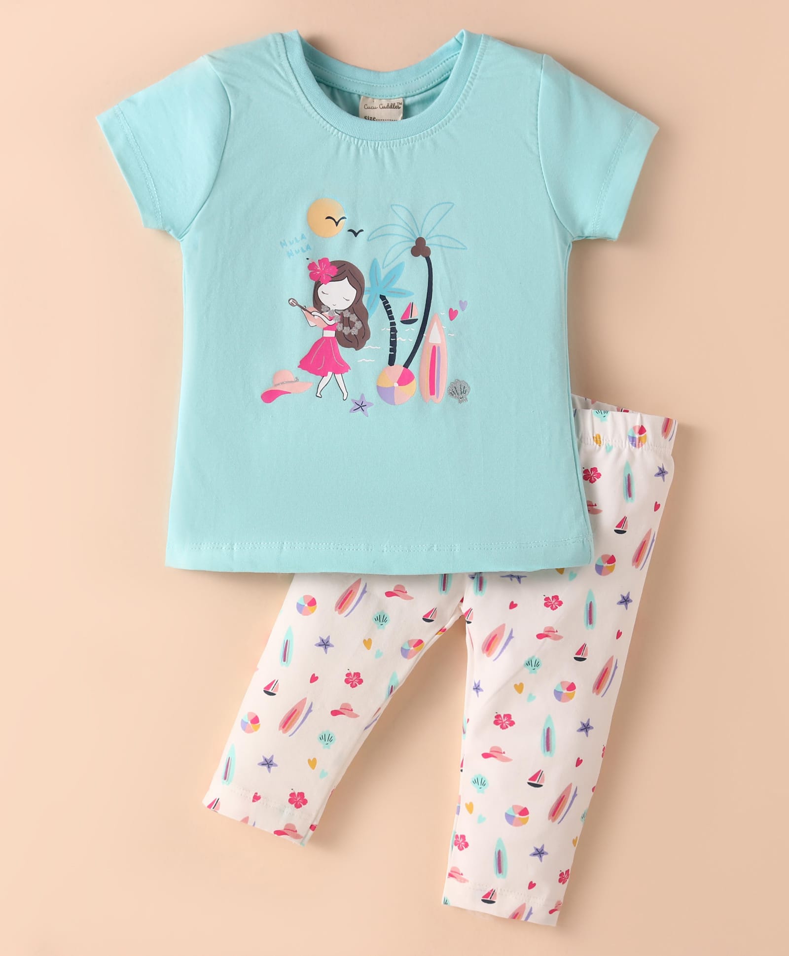 CUCUMBER Cotton Knit Half Sleeves Night Suit with Nautical Theme Print - Aqua Blue-picture-40