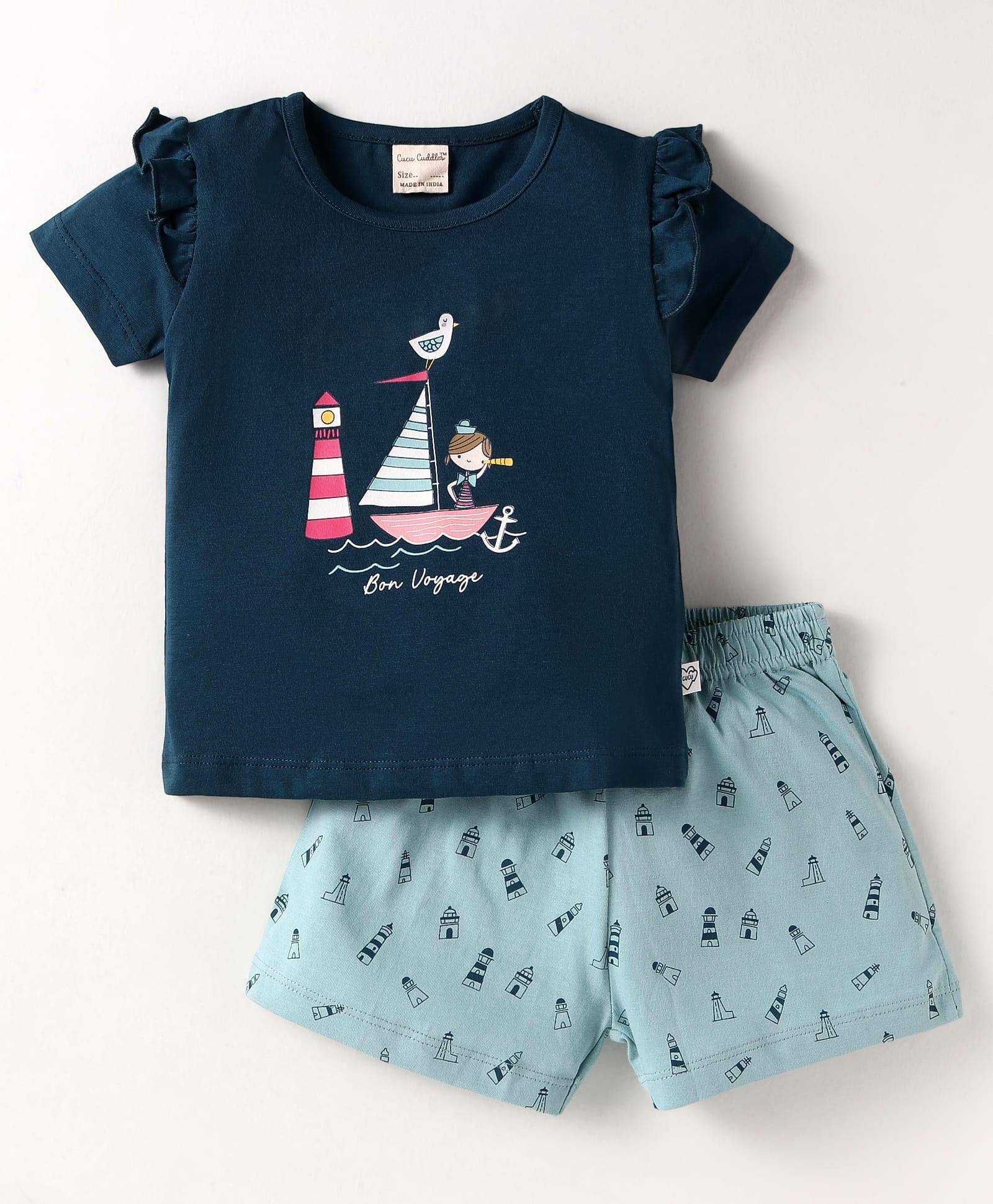 CUCUMBER Sinker Knit Half Sleeves Frill Detailing Shorts Night Suit with Sea Life Print - Blue & Light Blue-image-2