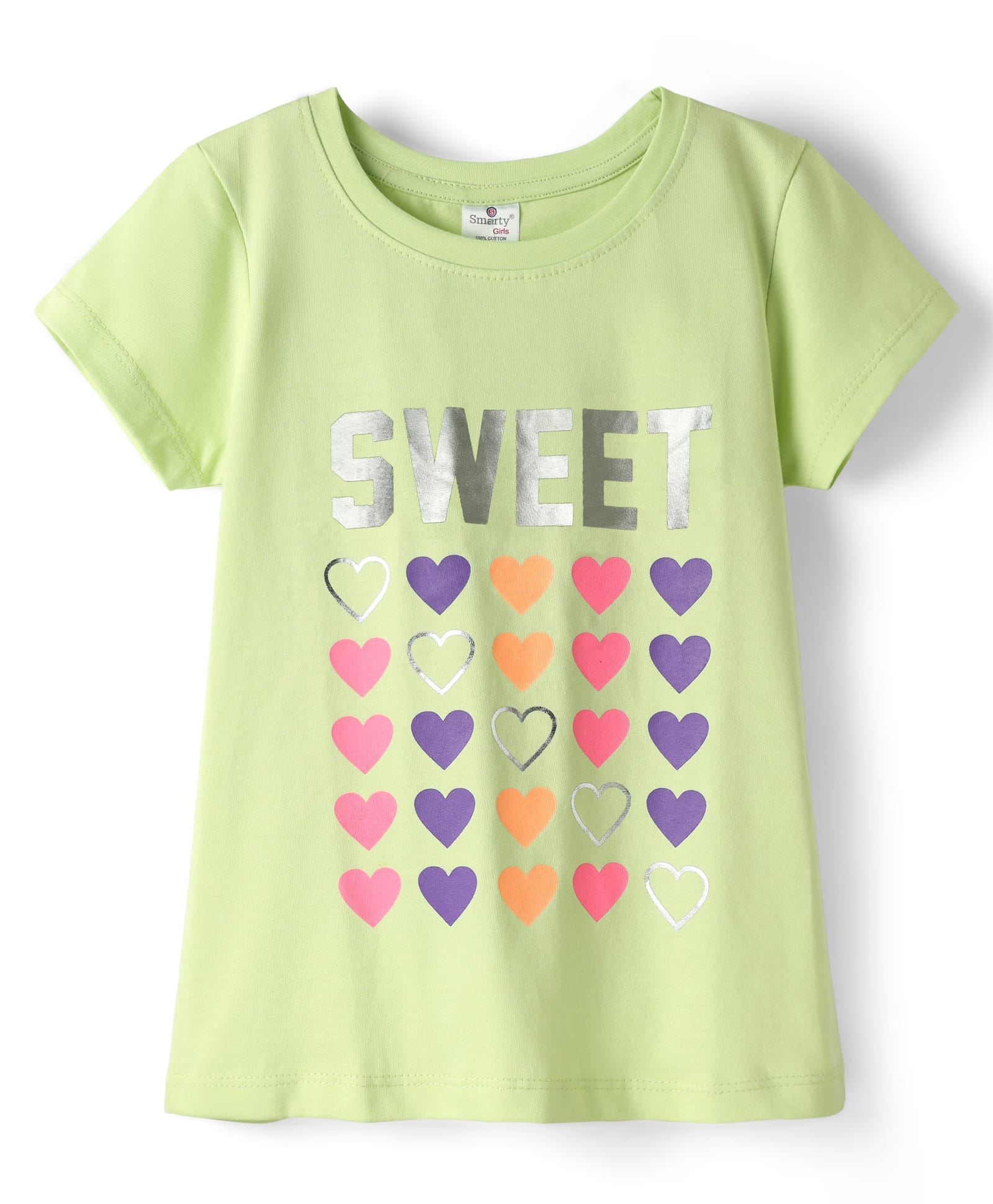 Smarty Girls Sinker Knit Half Sleeves Top With Sweet Text & Heart Print - Light Green-image-1
