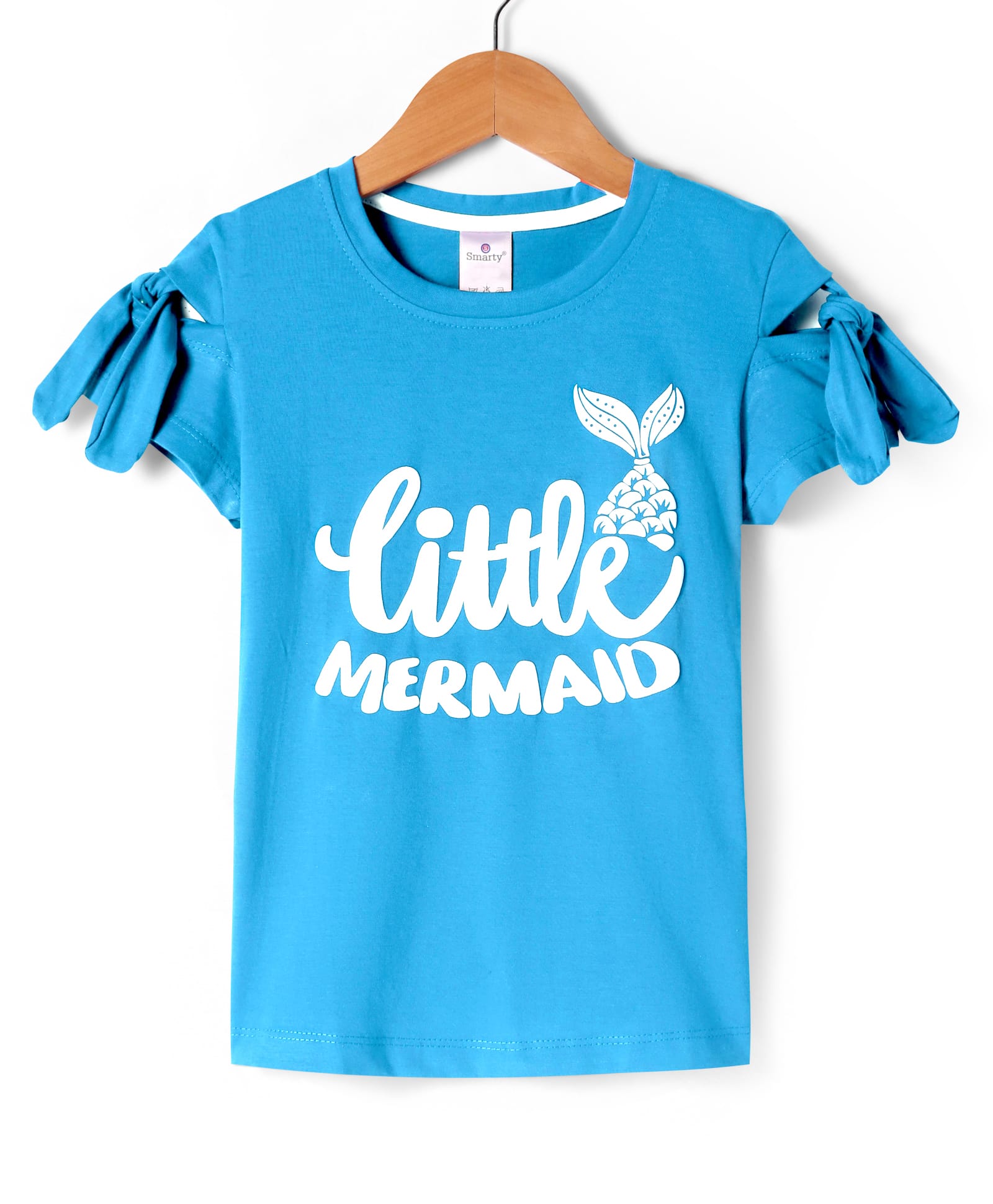 Smarty Girls Sinker Knit Knotted Half Sleeves Top with Little Mermaid Print - Blue-image-30