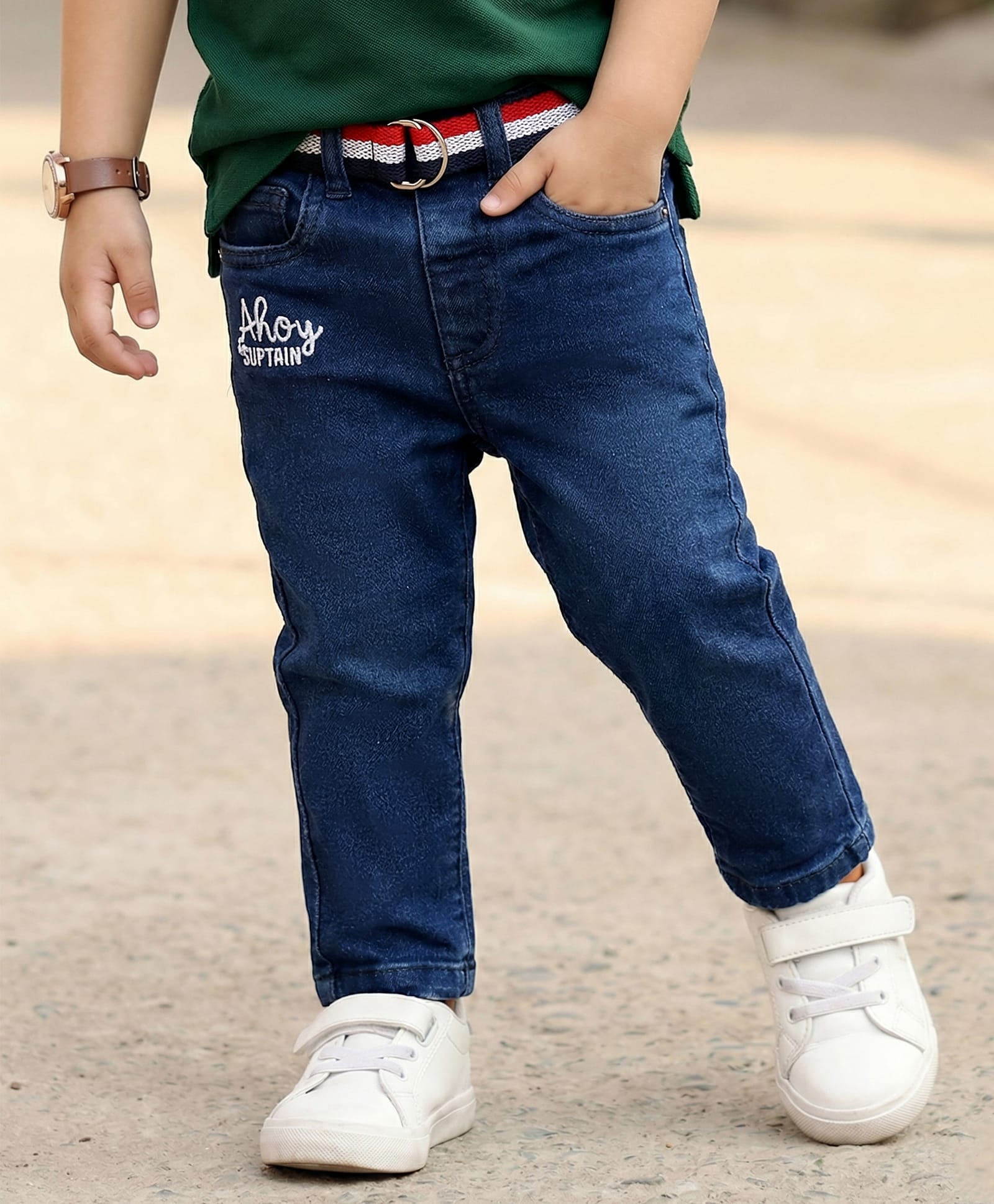 Babyhug Cotton Denim Full Length Jeans With Belt Text Embroidery - Blue-picture-18