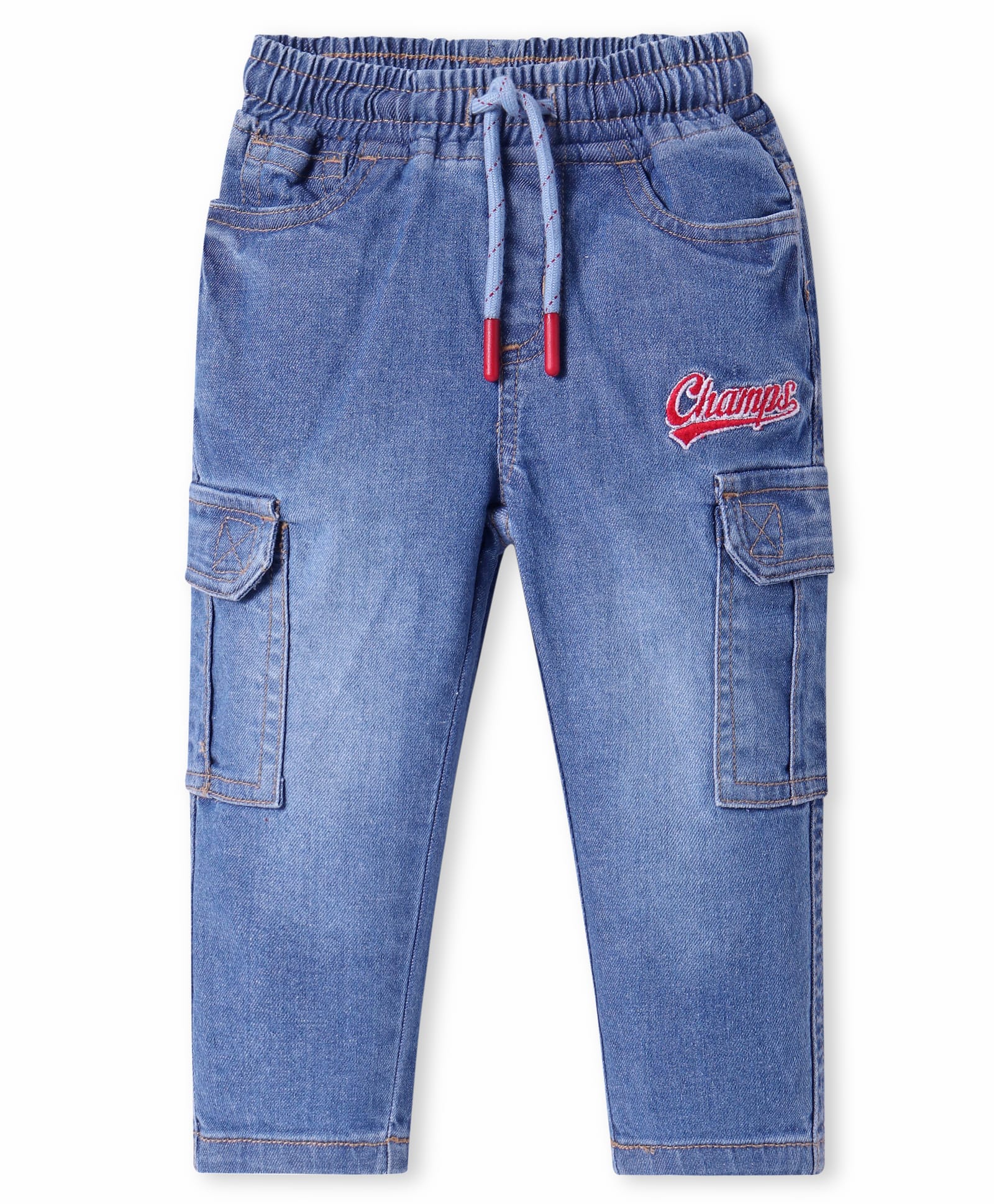Babyhug Denim Full Length Washed Jeans with Stretch & Text Embroidery - Blue