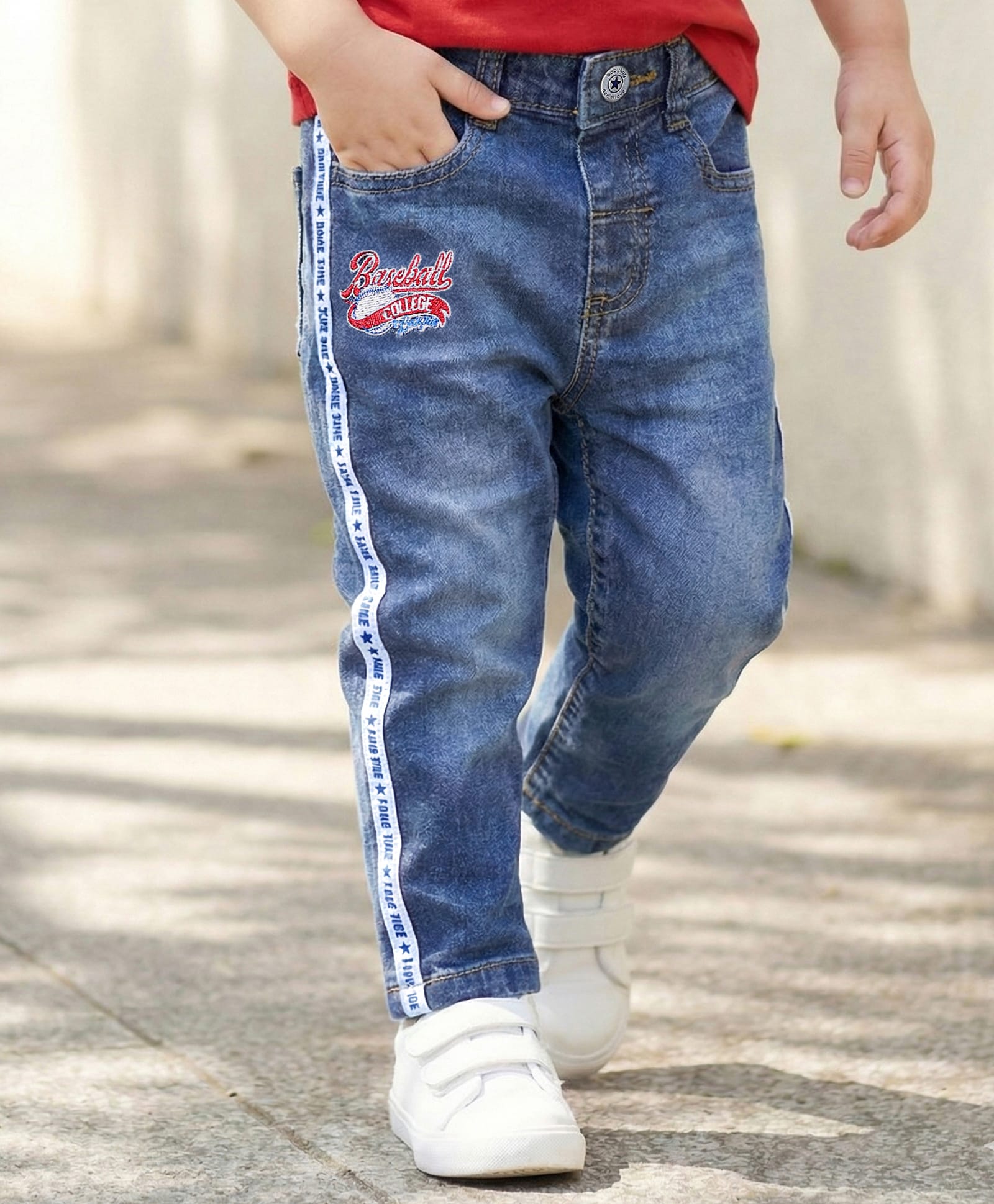 Babyhug Cotton Denim Full Length Jeans With Text Embridoery - Blue-picture-20