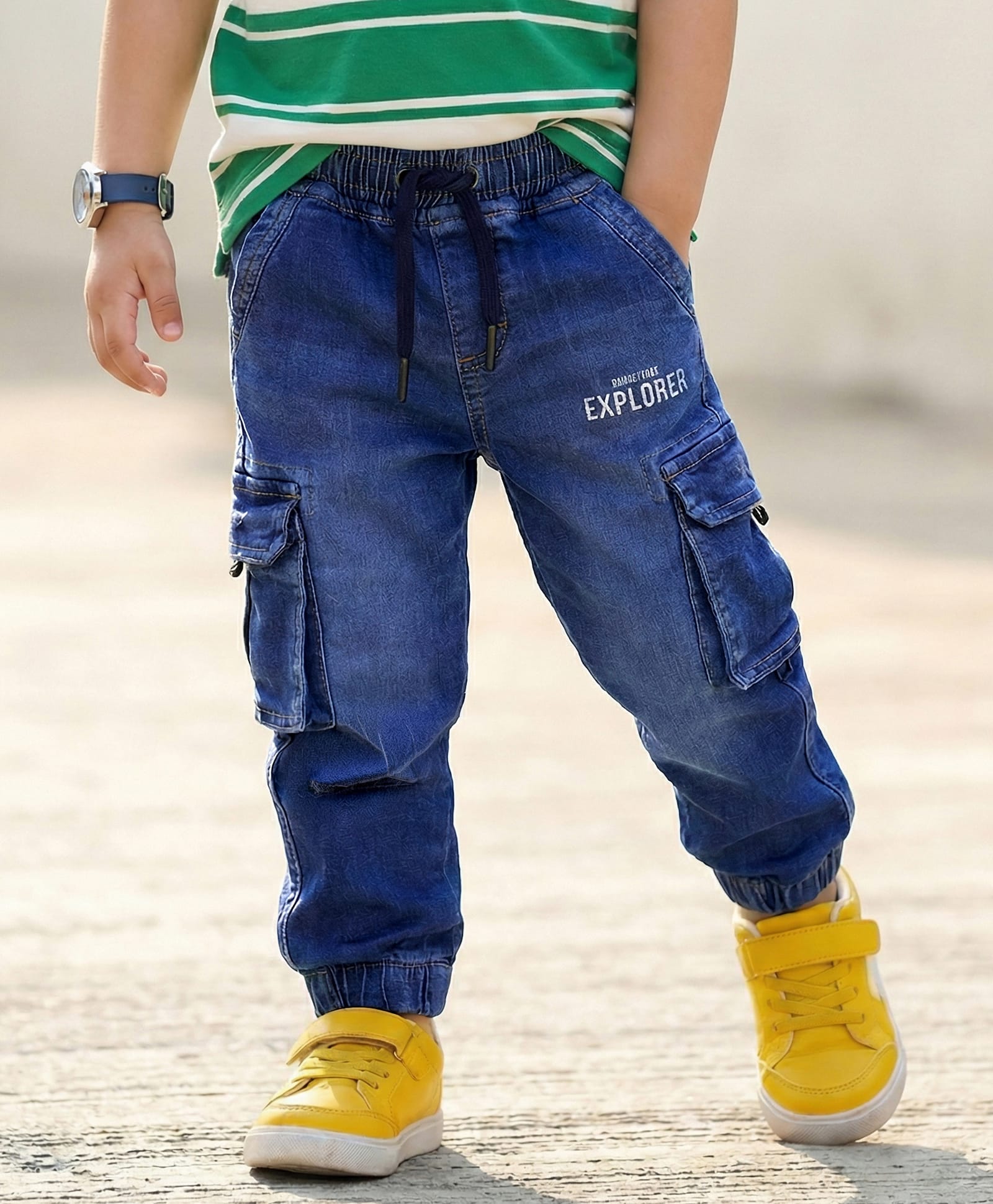 Babyhug Full Length Washed Denim Jeans With Text Print & Stretch - Blue-image-10