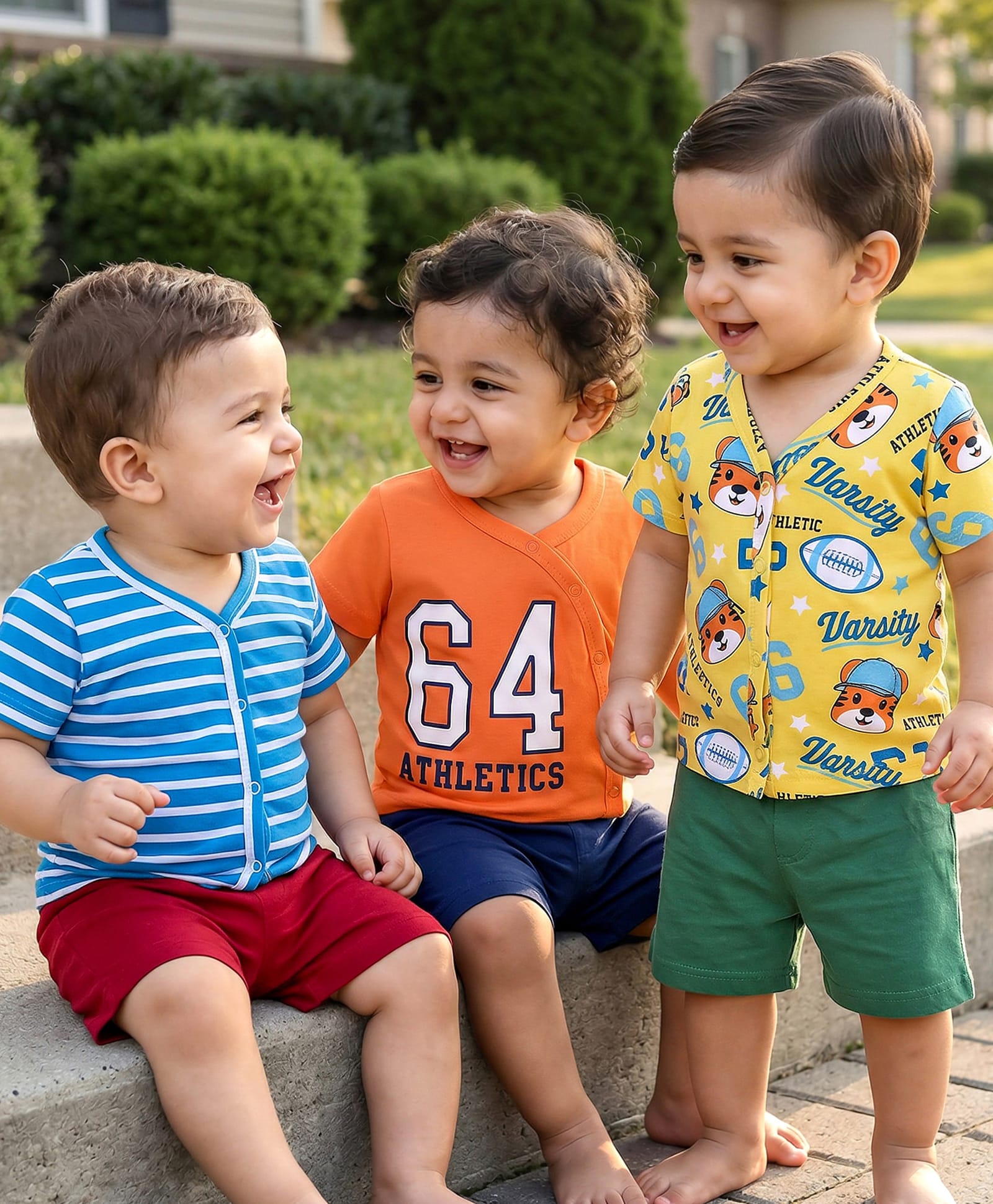 Babyhug 100% Cotton Knit Front Open Vests with Stripes & Tiger Print Pack of 3 - Orange Yellow & Blue-image-40