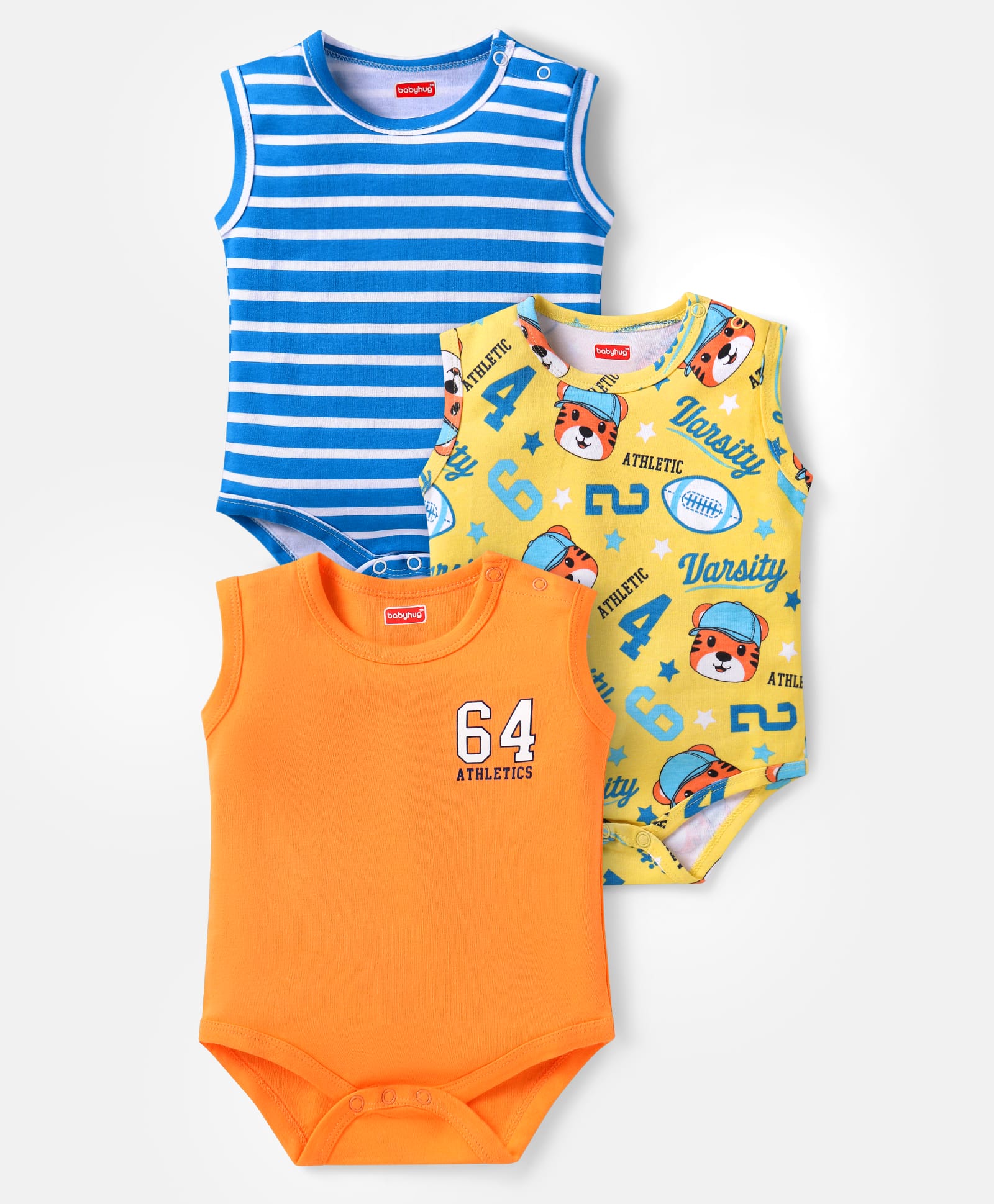 Babyhug 100% Cotton Knit Sleeveless Onesies with Sports Theme Print & Stripes Pack of 3 - Blue Yellow & Orange-image-47