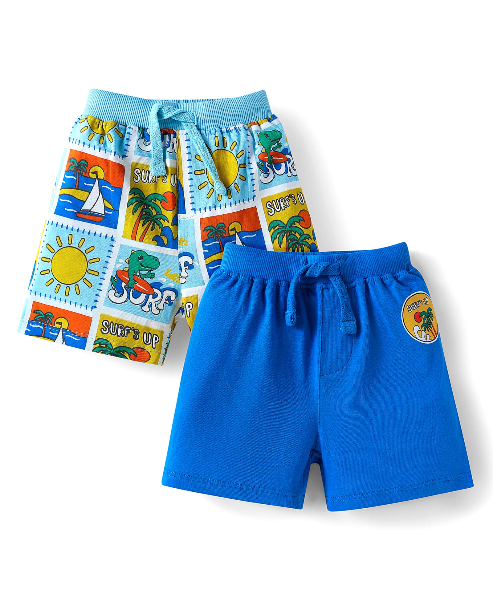 Babyhug Single Jersey Knit Shorts with Beach Theme Print Pack of 2 - Blue-image-13