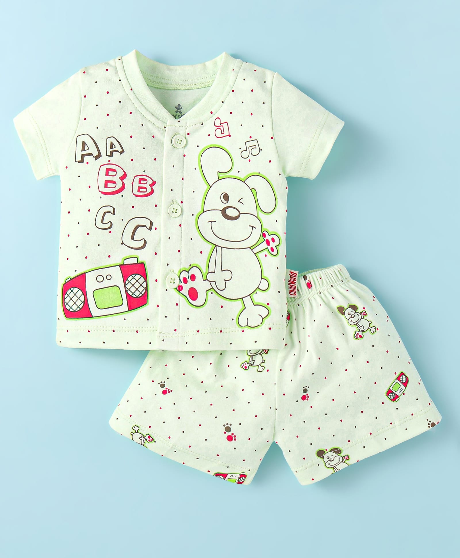 Child World Interlock Knit Half Sleeves Shorts Night Suit With Animal & Polka Dot Print - Light Green-picture-13