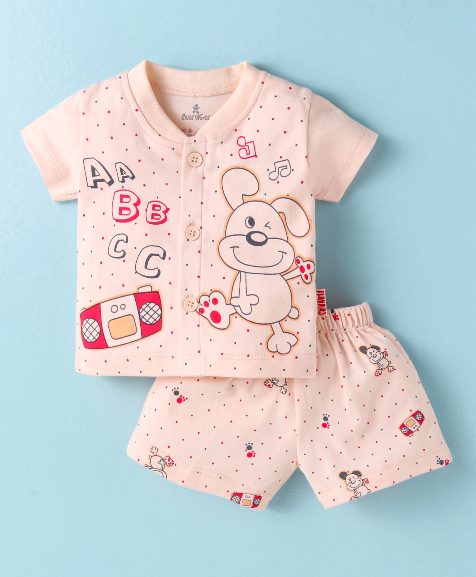 Child World Interlock Knit Half Sleeves Shorts Night Suit With Animal & Polka Dot Print - Peach-picture-12