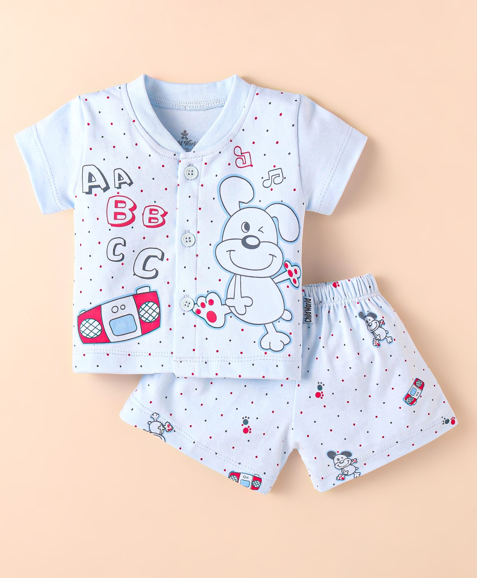 Child World Interlock Knit Half Sleeves Shorts Night Suit With Animal & Polka Dot Print - Lavender-picture-13