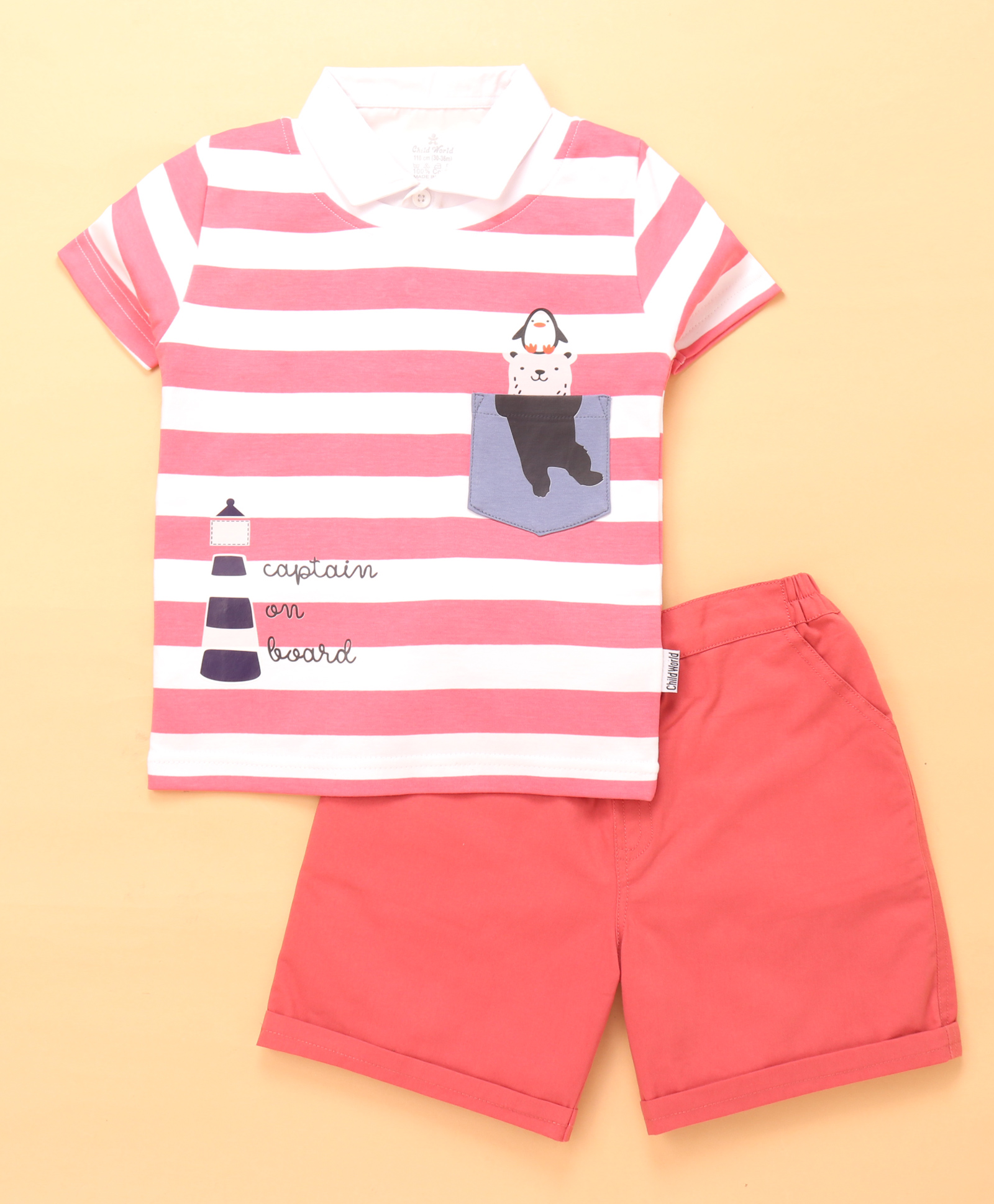 Child World Interlock Knit Half Sleeves Striped Overlapped T-Shirt & Shorts Set With Teddy Bear & Lighthouse Print - Red & Navy Blue-picture-41