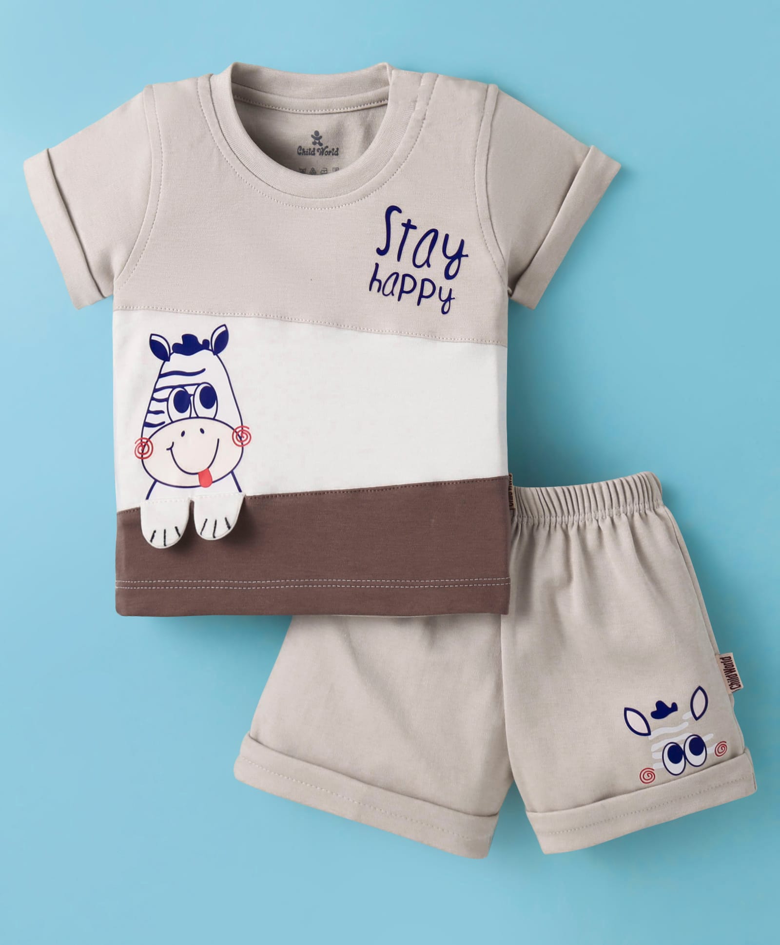 Child World Interlock Knit Half Sleeves T-Shirt & Shorts Set With Zebra Print - Tan-picture-22