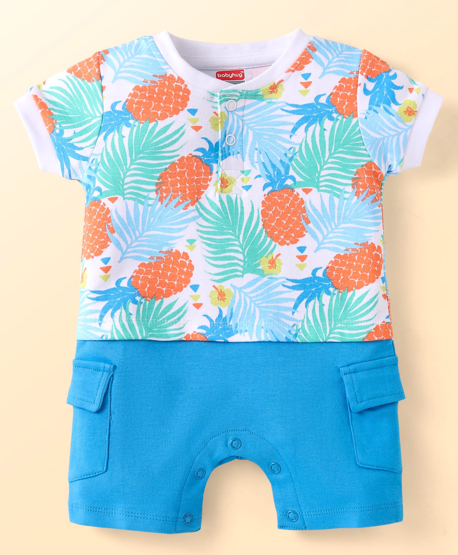 Babyhug 100% Cotton Knit Half Sleeves Romper With Fruit Print - White & Blue-image-39