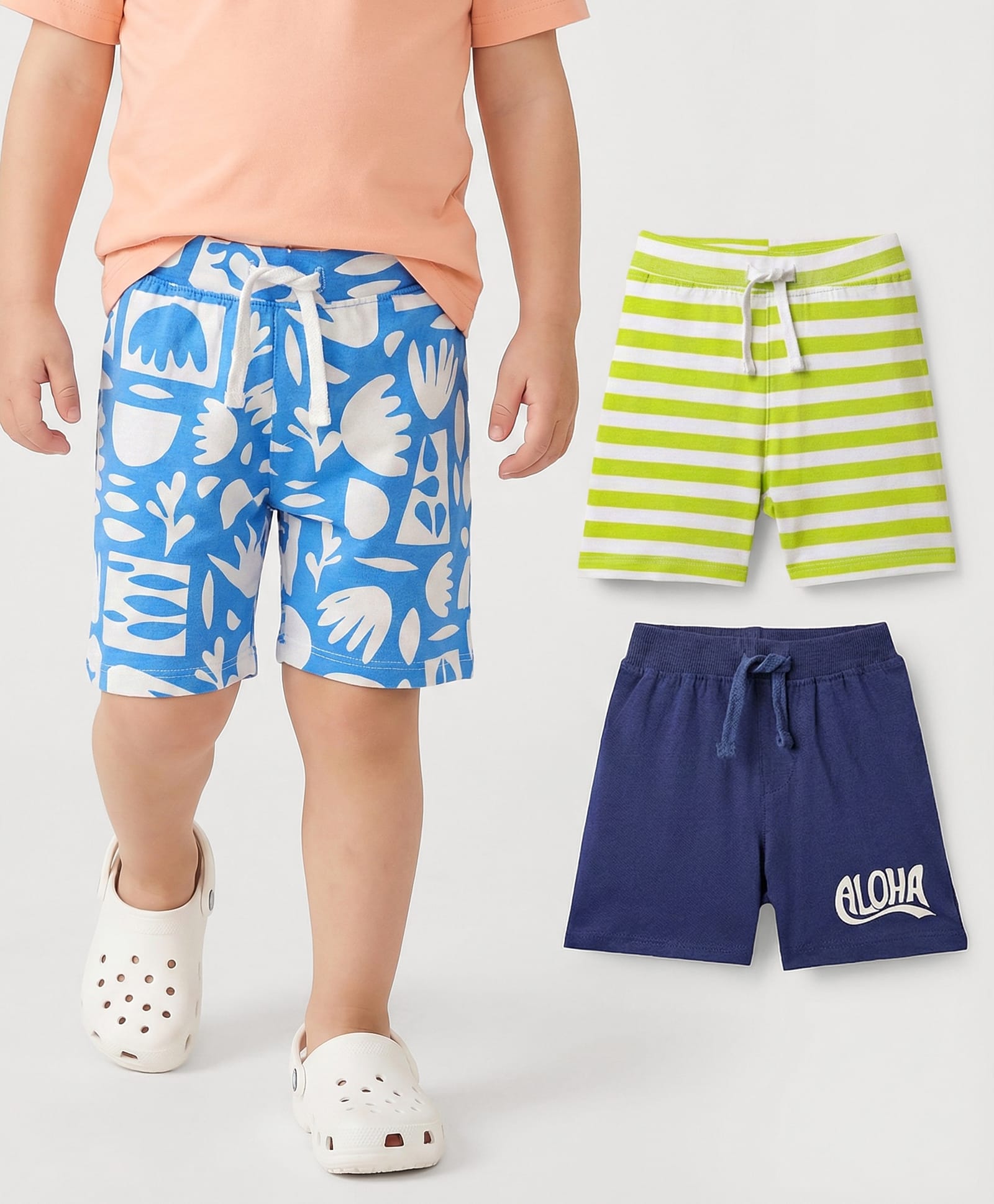 Babyhug Cotton Knit Mid Thigh Shorts with Tropical Theme Print & Stripes Pack of 3 - Light Green Navy & Light Blue