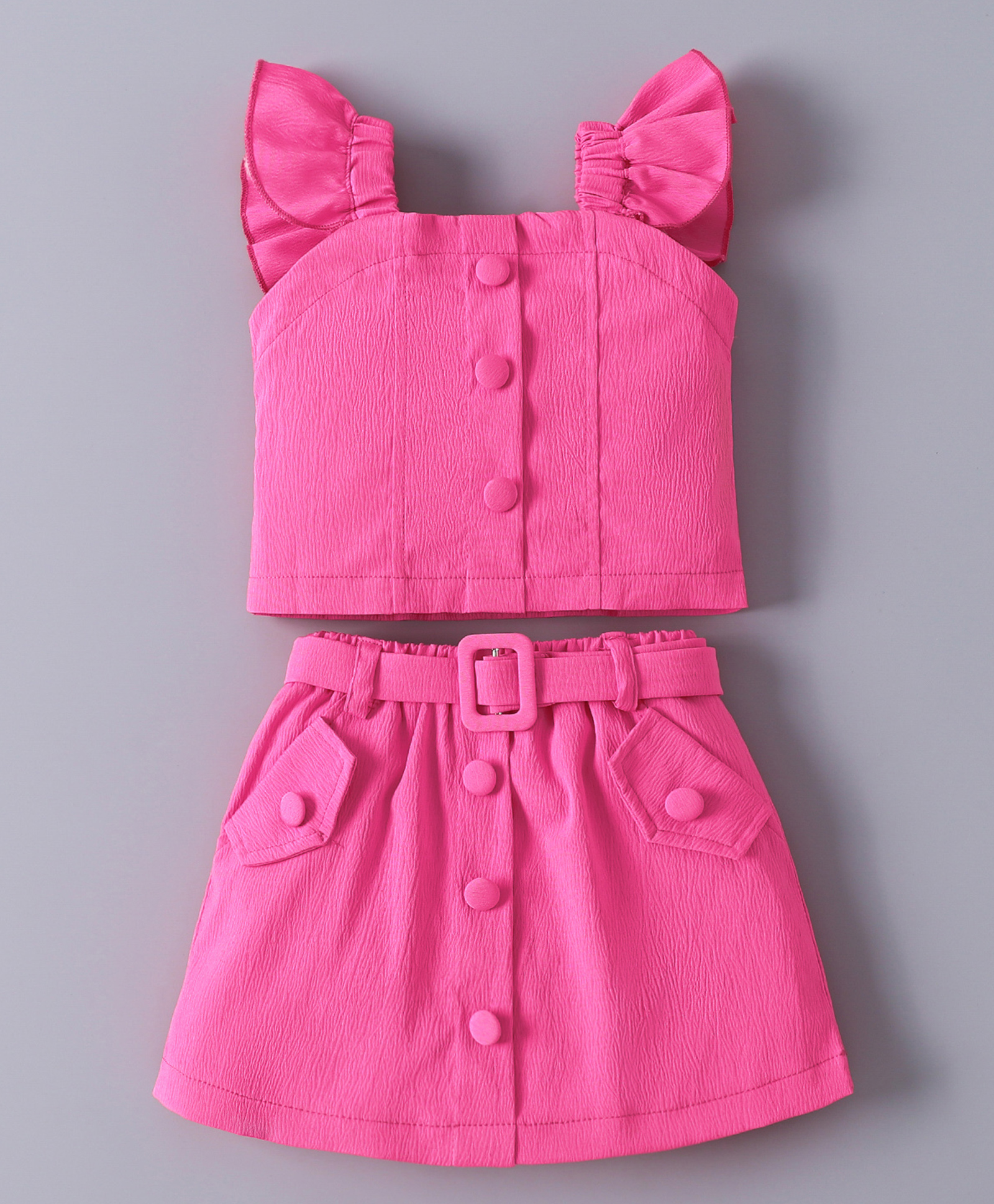 Mark & Mia Frill Sleeves Solid Color Co-ords Top & Skirt Set with Belt - Fuchsia