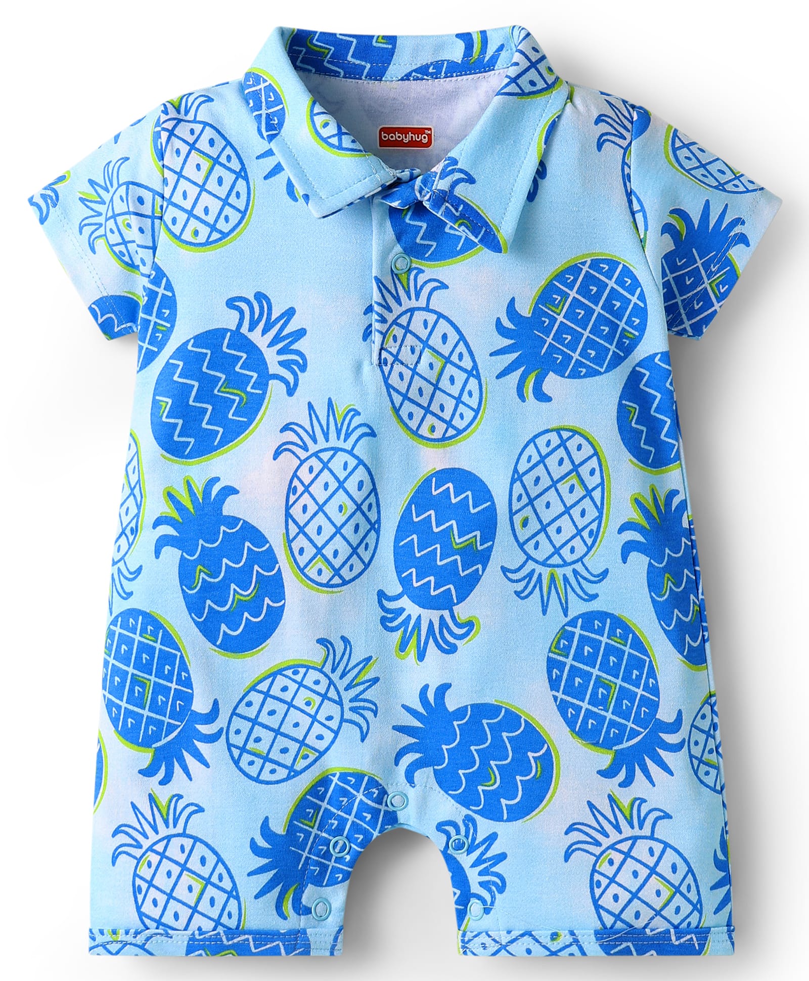 Babyhug 100% Cotton Knit Half Sleeves Romper With Pineapple Print - Blue-image-36