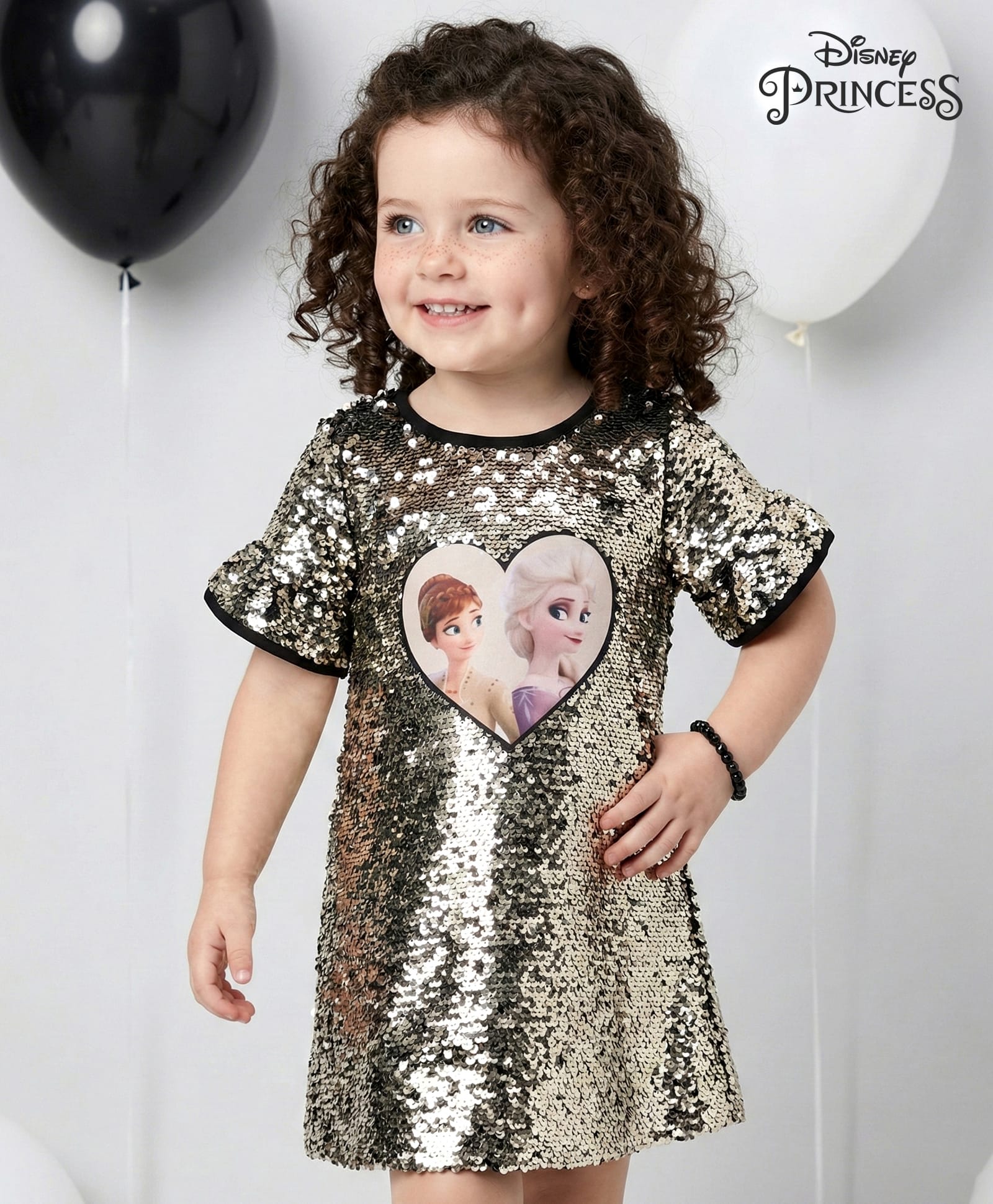Babyhug Disney Cotton Woven Half Bell Sleeves Party Dress with Elsa & Anna Applique & Sequin Detailing - Black-image-5