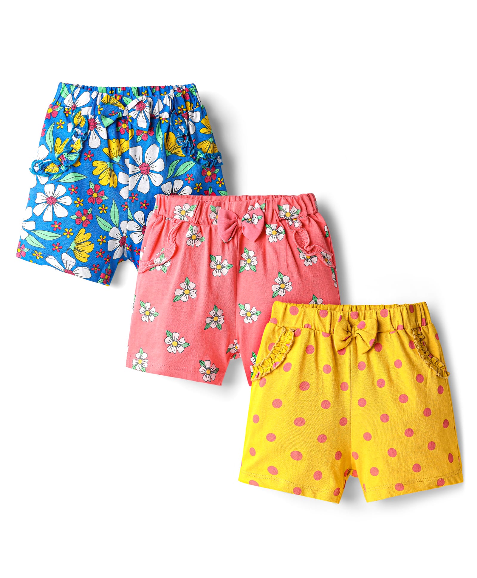 Babyhug Single Jersey Knit Mid Thigh Floral & Polka Dot Printed Shorts With Bow Applique Pack of 3 - Yellow Pink & Blue