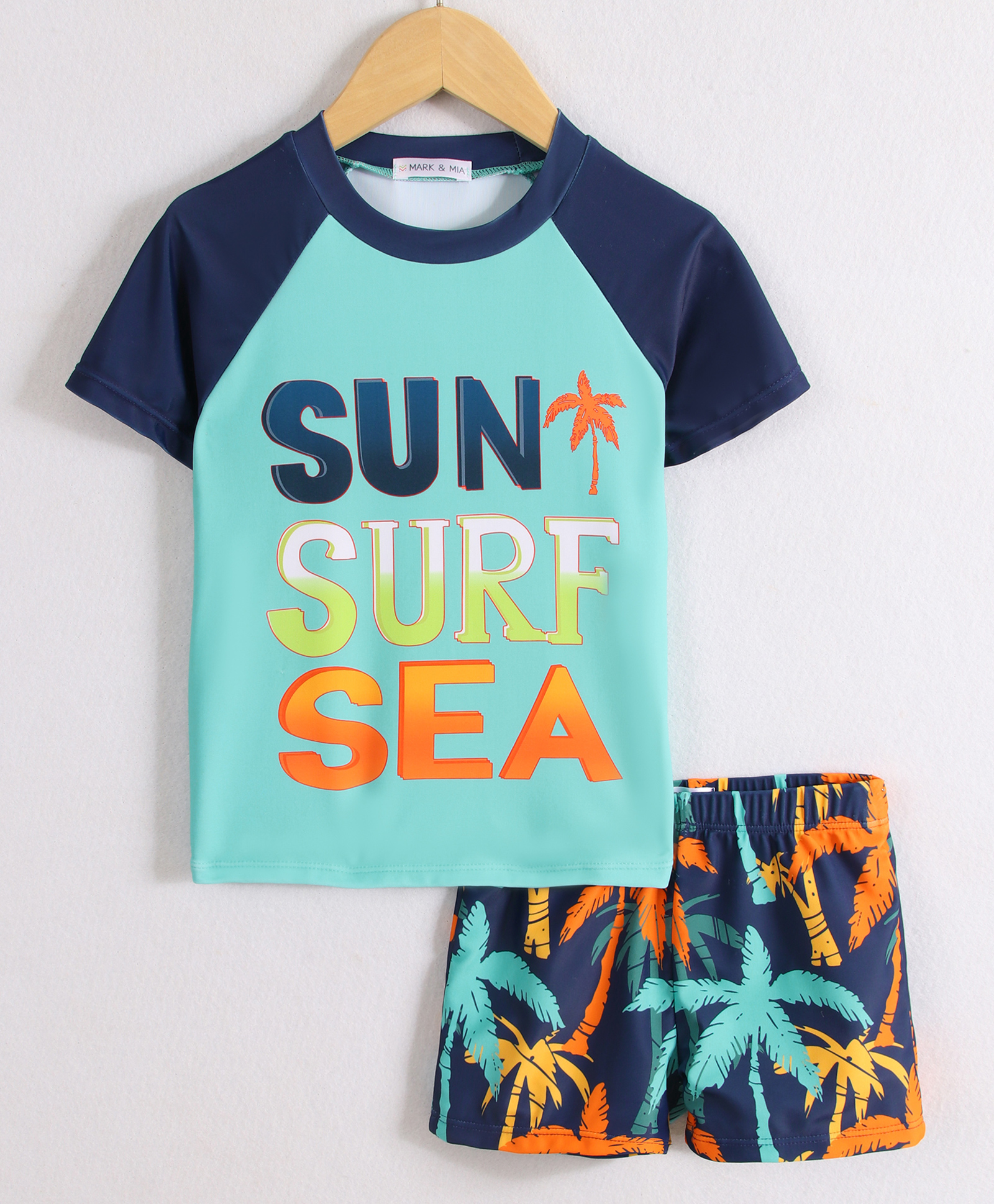 Mark & Mia Half Raglan Sleeves Two Piece Swimsuit With Beach Theme Print - Blue